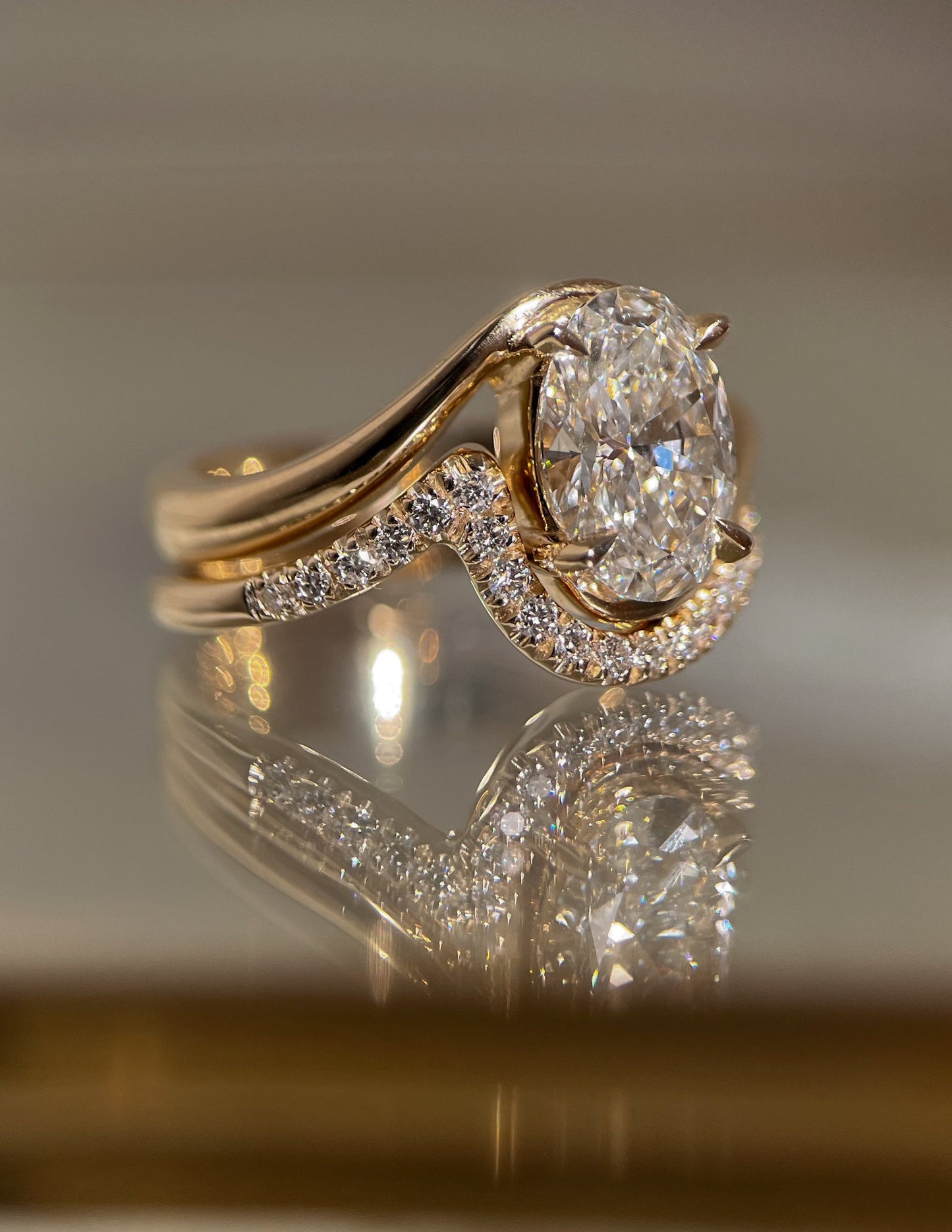 Solitaire Rapture & Pave Band- 2.5 CT Oval Lab Grown Diamond Bridal SetSolitaire Rapture & Pave Band- 2.5 CT Oval Lab Grown Diamond Bridal Set - Front view