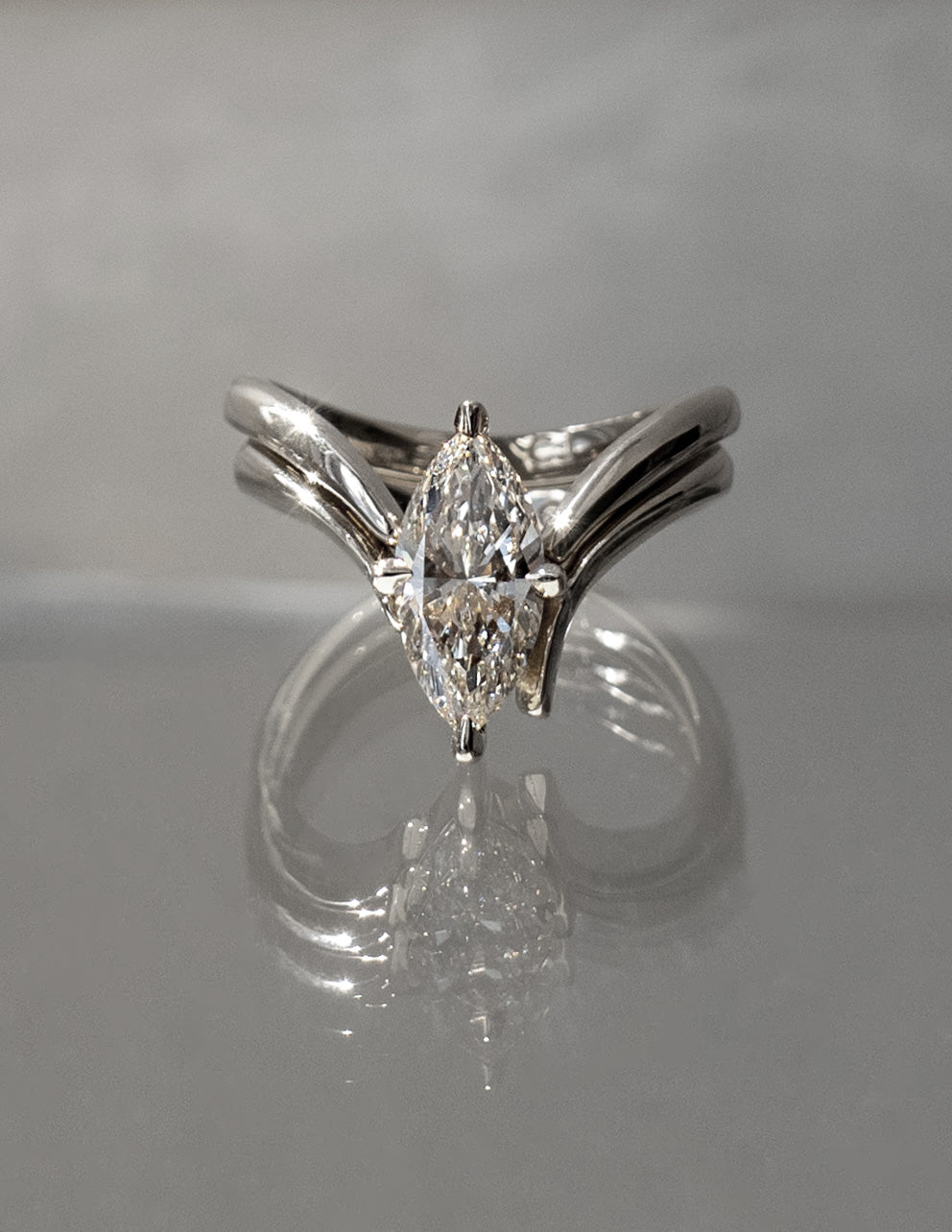 Solitaire Rapture & Plain Band- 1.5 CT Marquise Lab Grown Diamond Bridal SetSolitaire Rapture & Plain Band- 1.5 CT Marquise Lab Grown Diamond Bridal Set - Back view