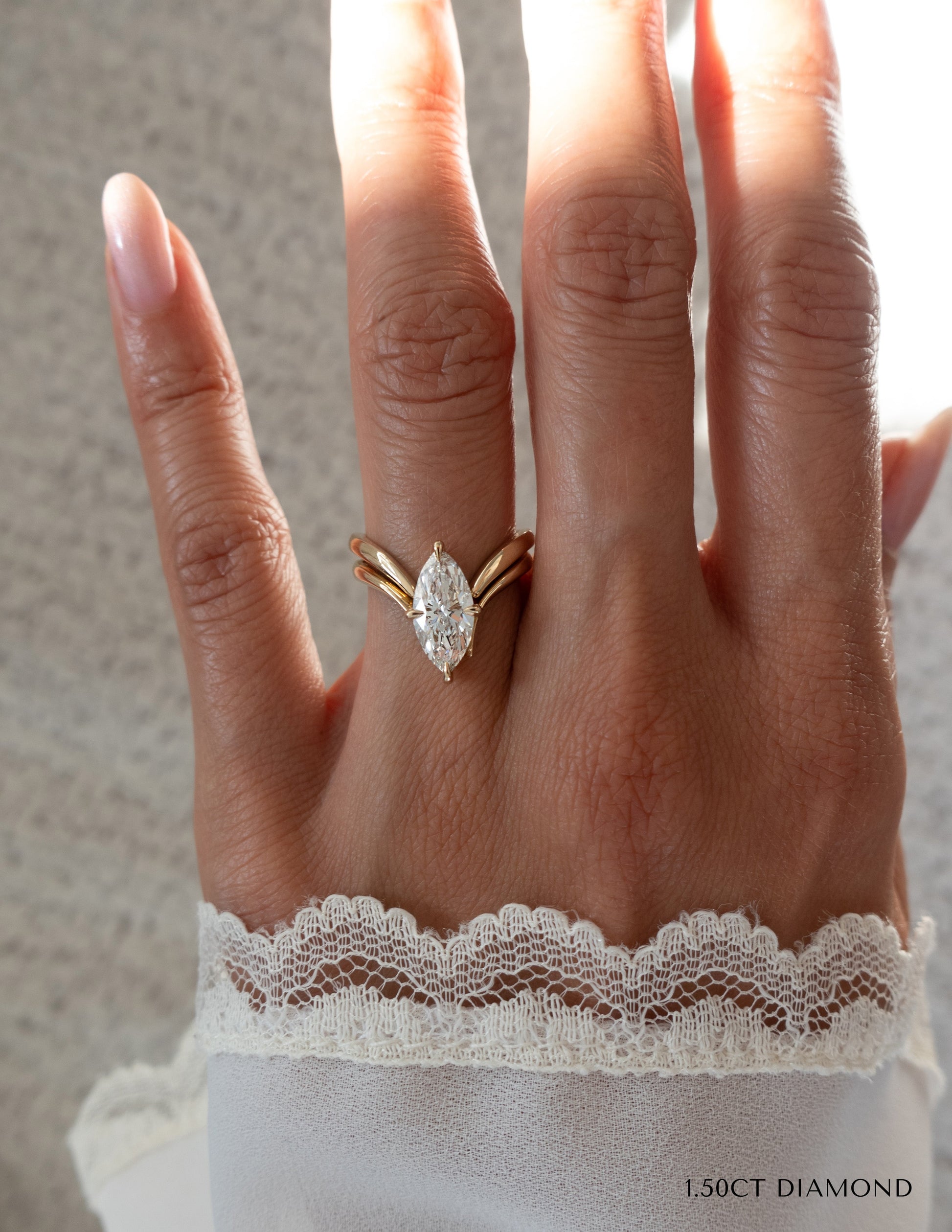 Solitaire Rapture & Plain Band- 1.5 CT Marquise Lab Grown Diamond Bridal SetSolitaire Rapture & Plain Band- 1.5 CT Marquise Lab Grown Diamond Bridal Set - Lifestyle