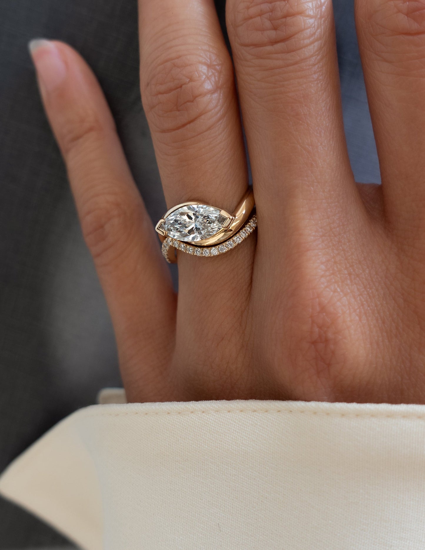 Solitaire Rapture V Prong & Pave Band- 2 CT Marquise Lab Grown Diamond Bridal SetSolitaire Rapture V Prong & Pave Band- 2 CT Marquise Lab Grown Diamond Bridal Set - Side view