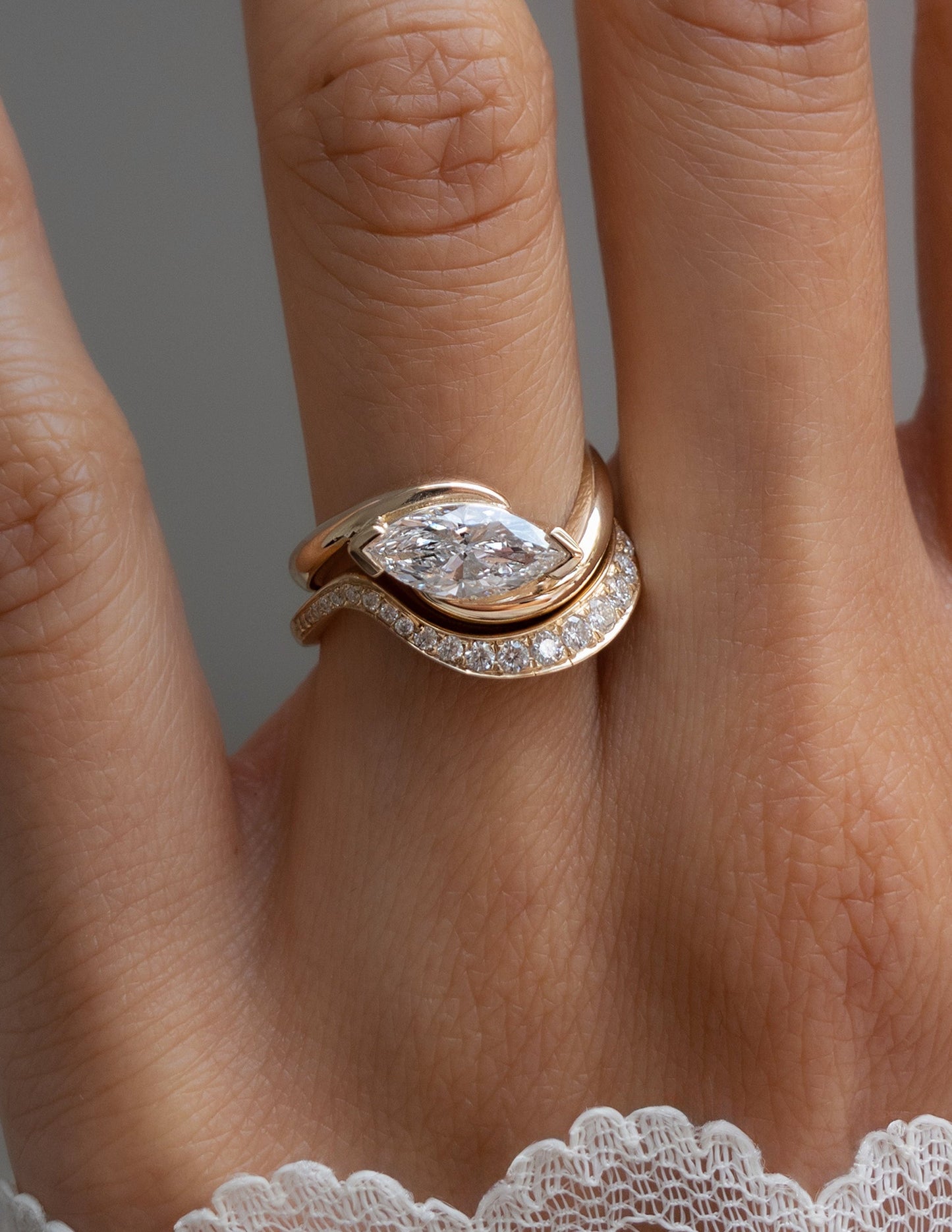 Solitaire Rapture V Prong & Pave Band- 2 CT Marquise Lab Grown Diamond Bridal SetSolitaire Rapture V Prong & Pave Band- 2 CT Marquise Lab Grown Diamond Bridal Set - On model