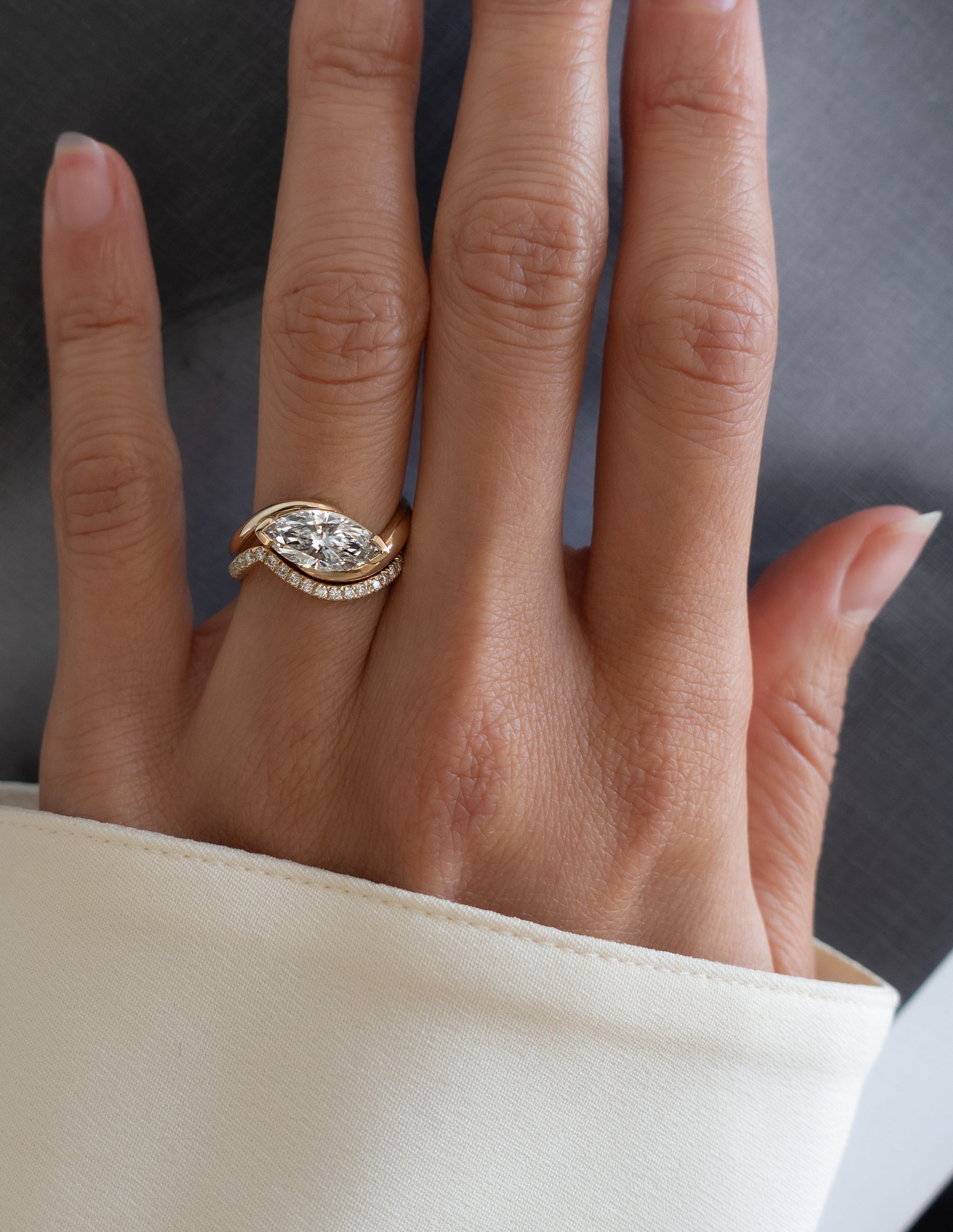 Solitaire Rapture V Prong & Pave Band- 2 CT Marquise Lab Grown Diamond Bridal SetSolitaire Rapture V Prong & Pave Band- 2 CT Marquise Lab Grown Diamond Bridal Set - Lifestyle
