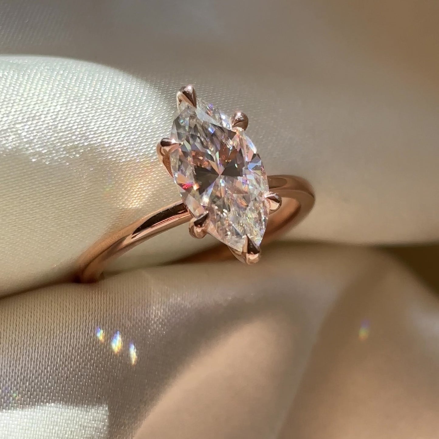 Solitaire Six Prong- 2.4 CT Marquise Moissanite Engagement RingSolitaire Six Prong- 2.4 CT Marquise Moissanite Engagement Ring - Front view