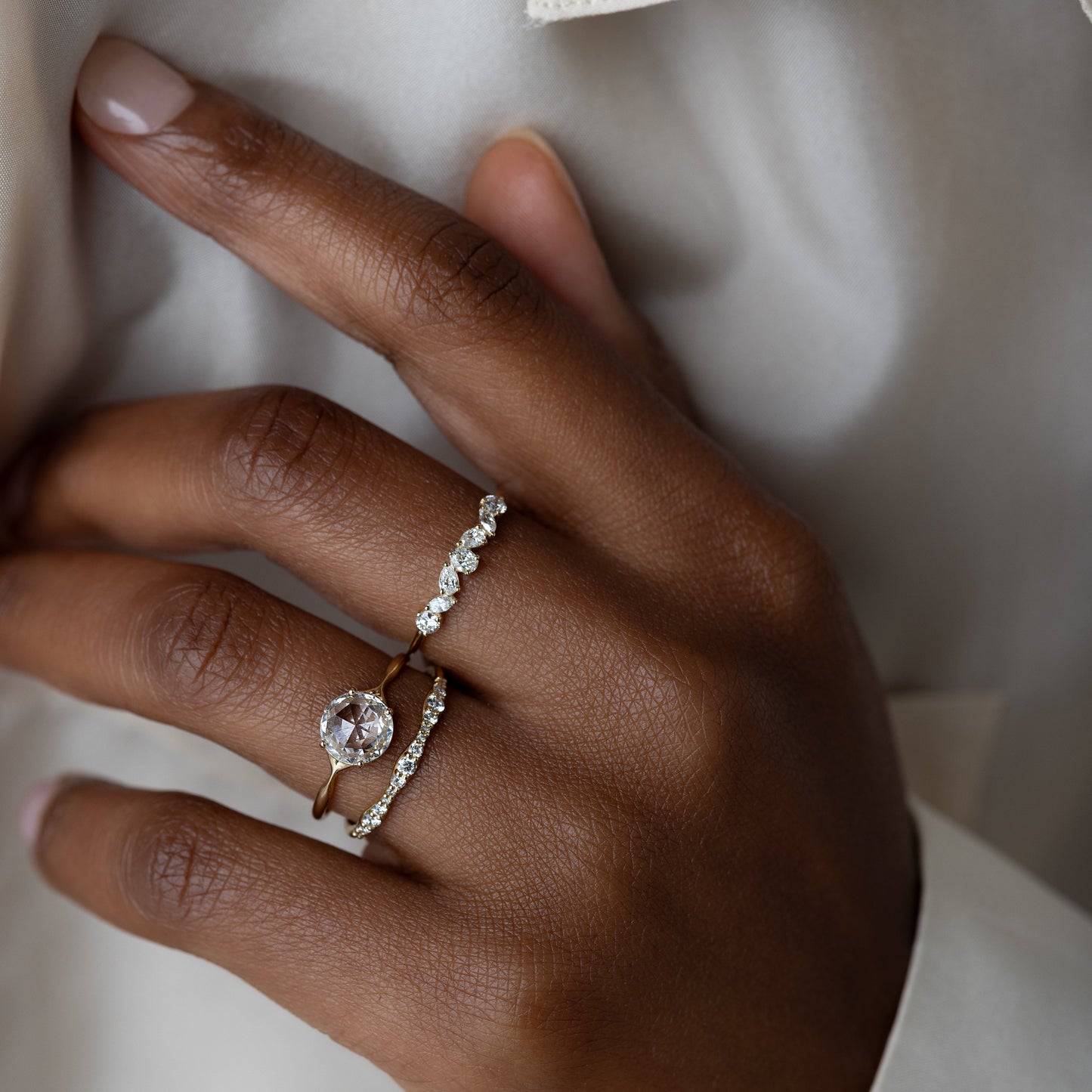Solitaire & Split Shank-Rose Cut Lab Grown Diamond Engagement Ring - On model