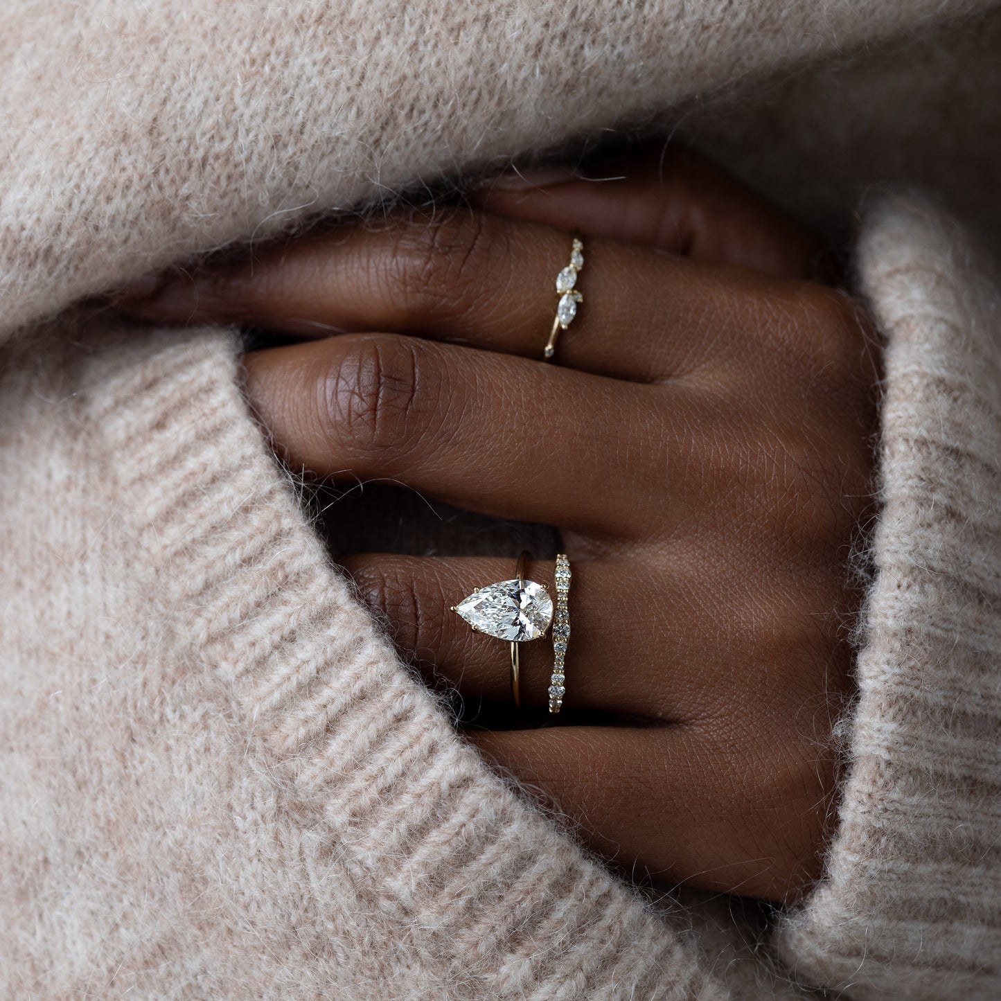 Solitaire Style-Pear Lab Grown Diamond Engagement Ring - On model