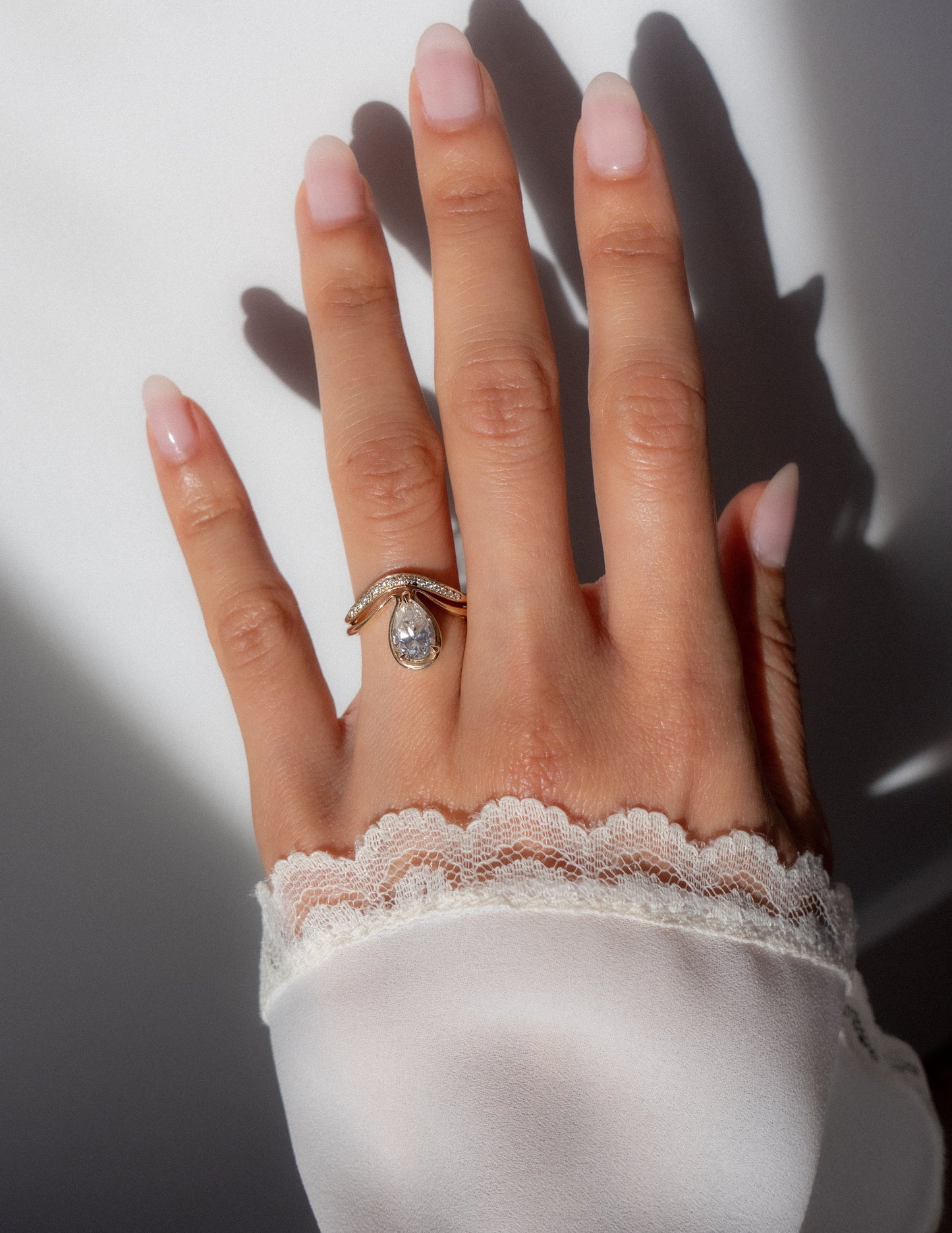 Solitaire Tear Drop Shank-Pear Lab Grown Diamond Engagement Ring - On model