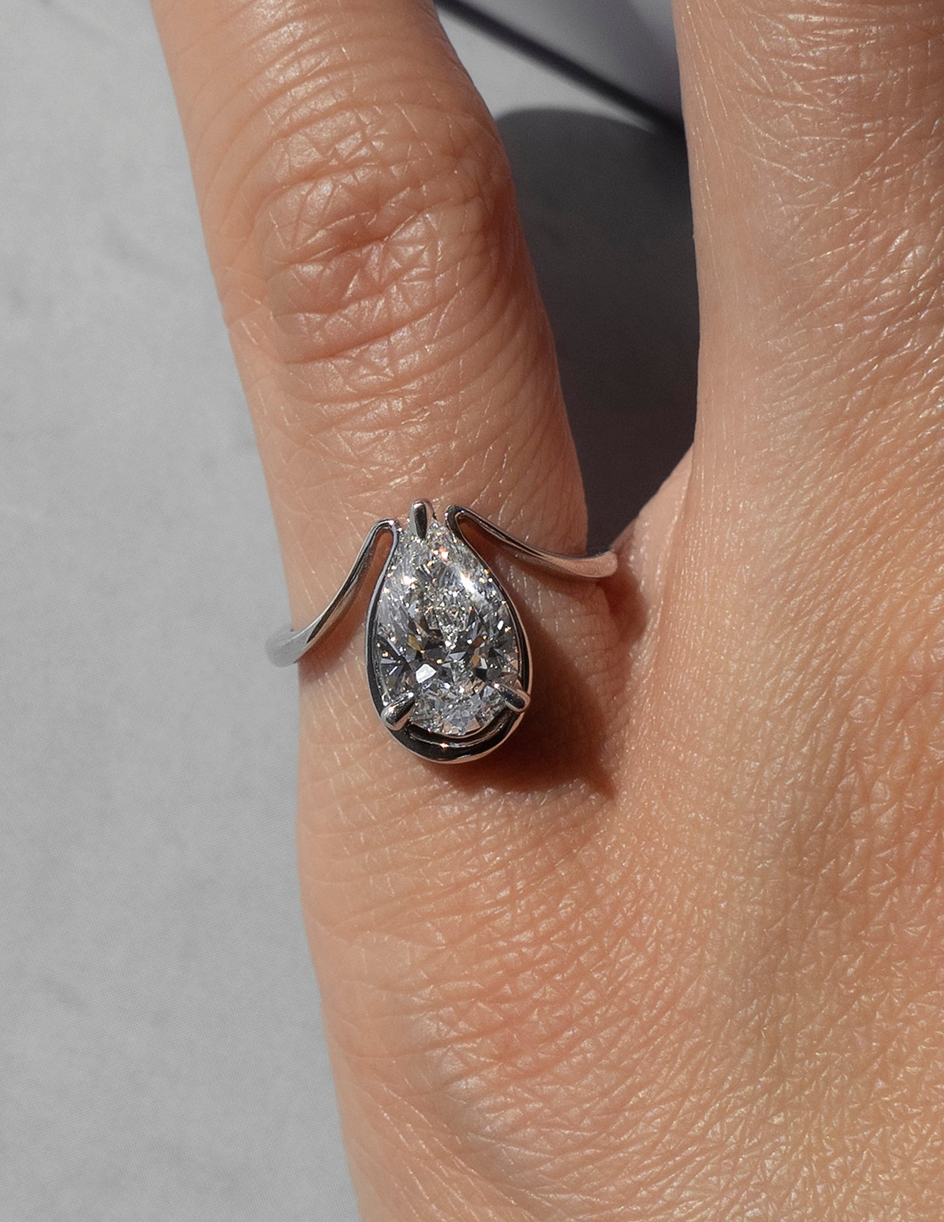 Solitaire Tear Drop Shank-Pear Lab Grown Diamond Engagement Ring - Front view