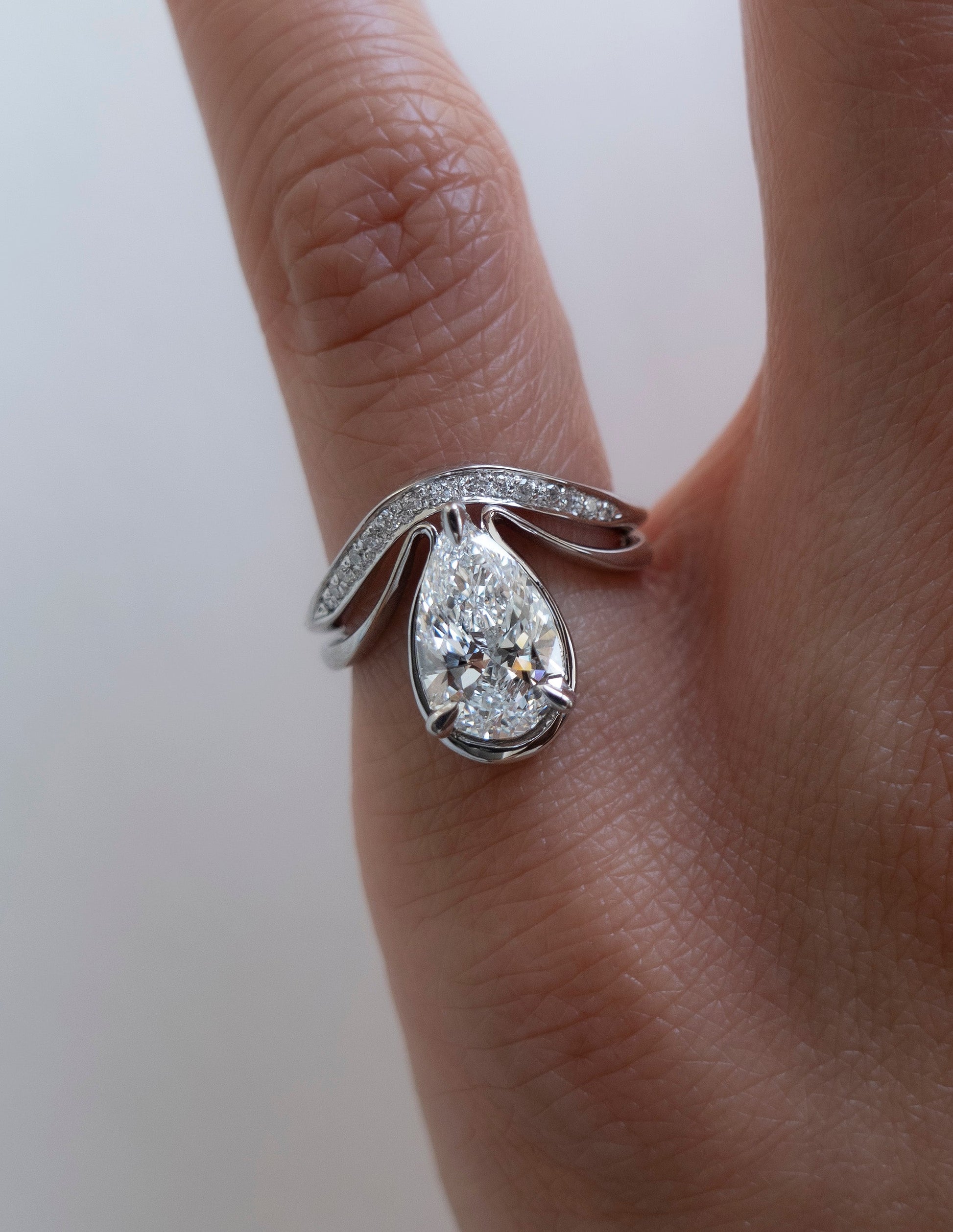 Solitaire Tear Drop Shank-Pear Lab Grown Diamond Engagement Ring - Side view