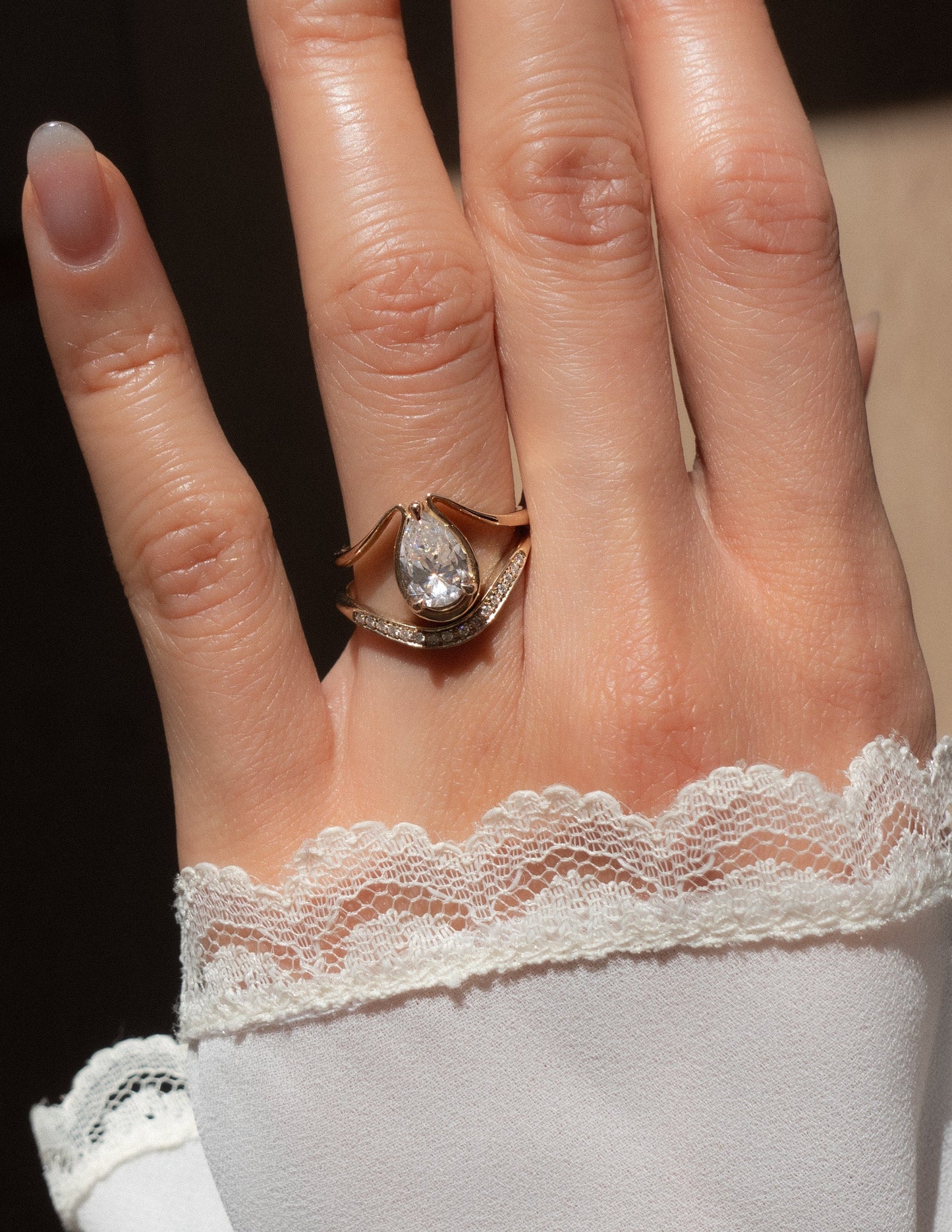 Solitaire Tear Drop Shank-Pear Lab Grown Diamond Engagement Ring - Front view
