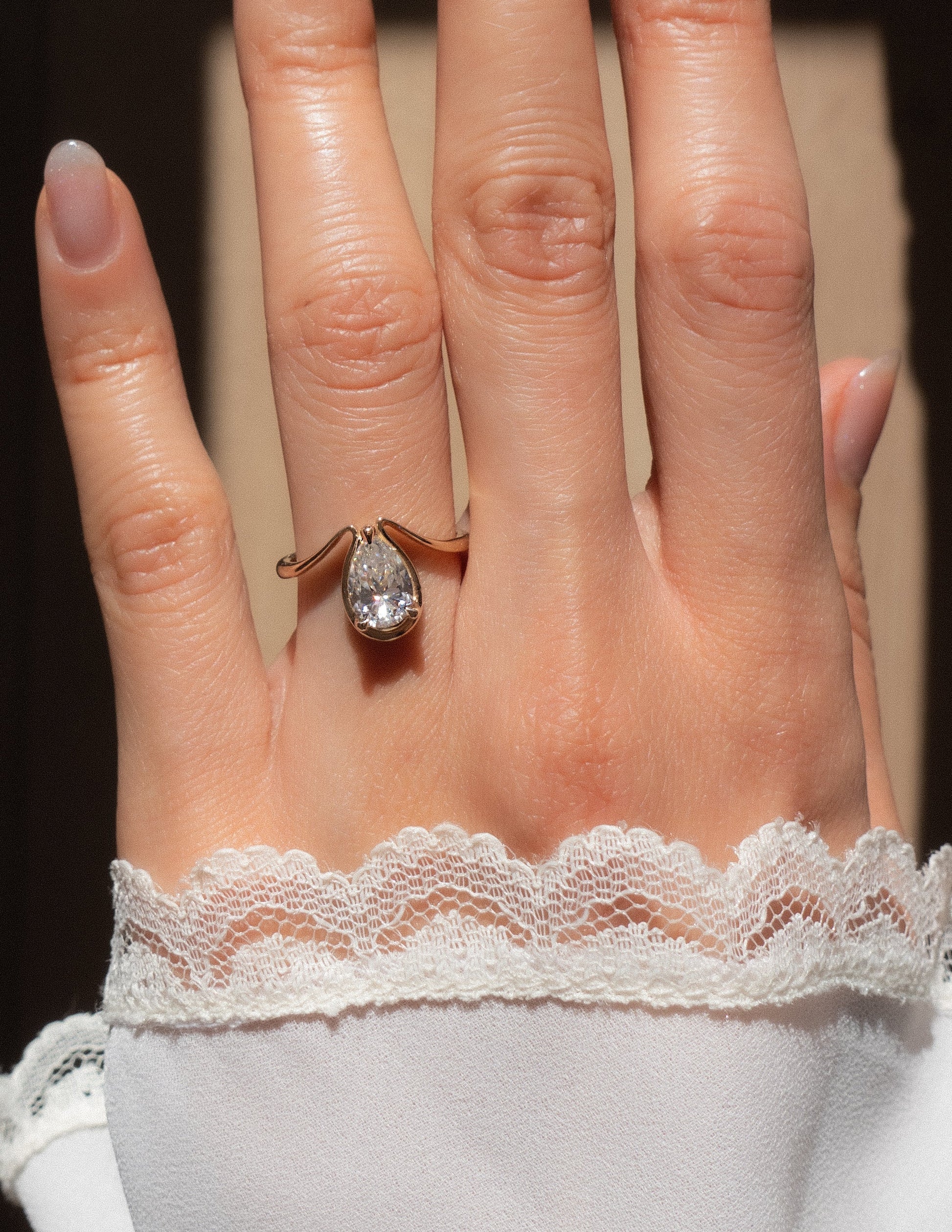 Solitaire Tear Drop Shank-Pear Lab Grown Diamond Engagement Ring - Side view