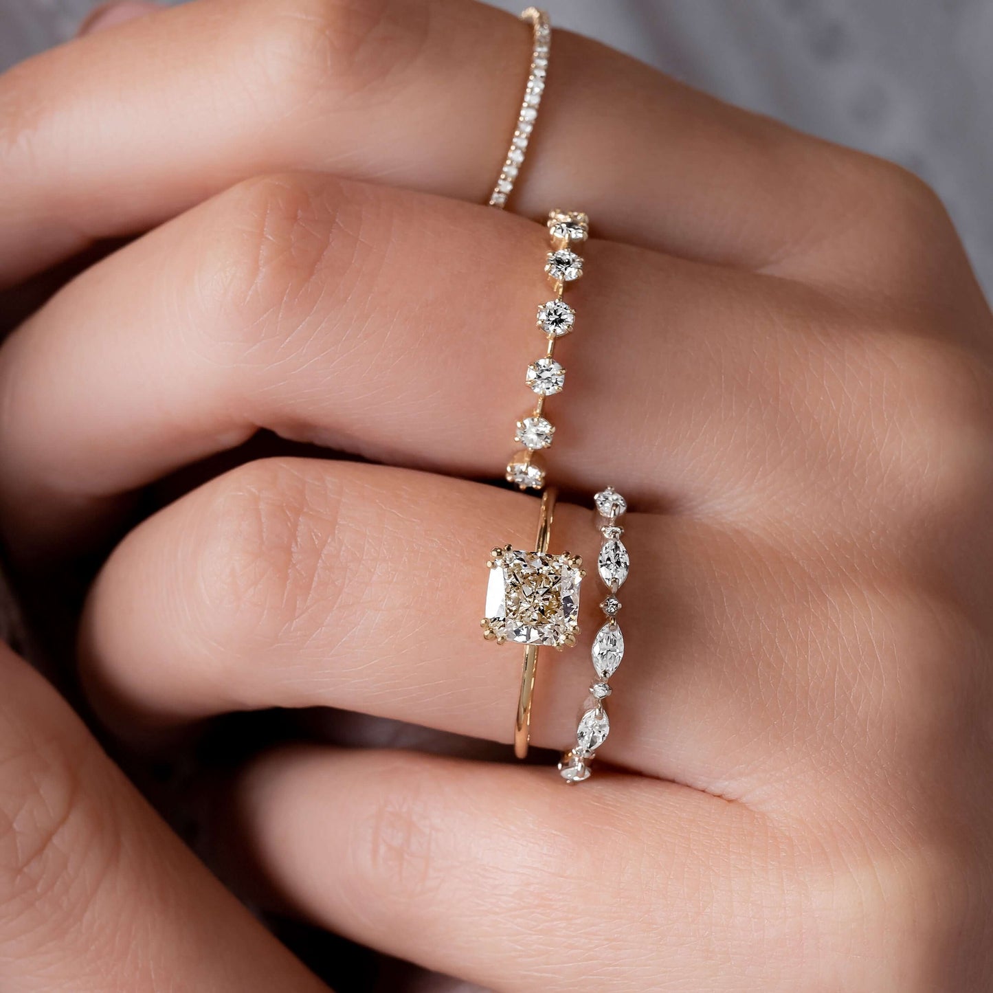 Solitaire Triple Prong-Elongated Cushion Lab Grown Diamond Engagement Ring - On model