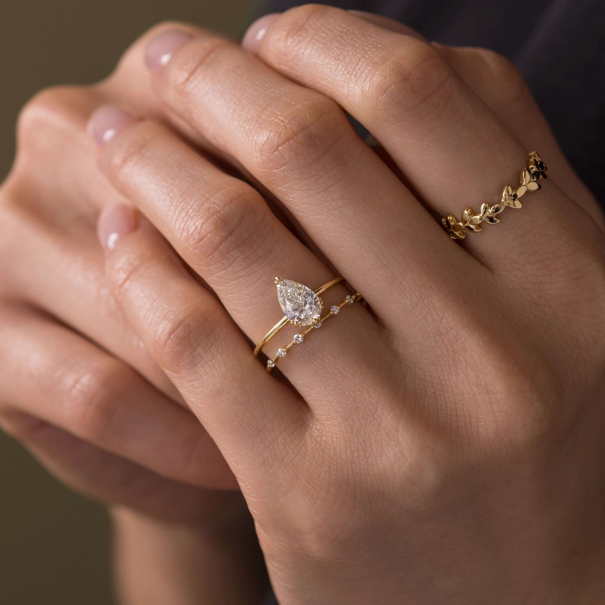 Solitaire Triple Prong-Pear Lab Grown Diamond Engagement Ring - On model