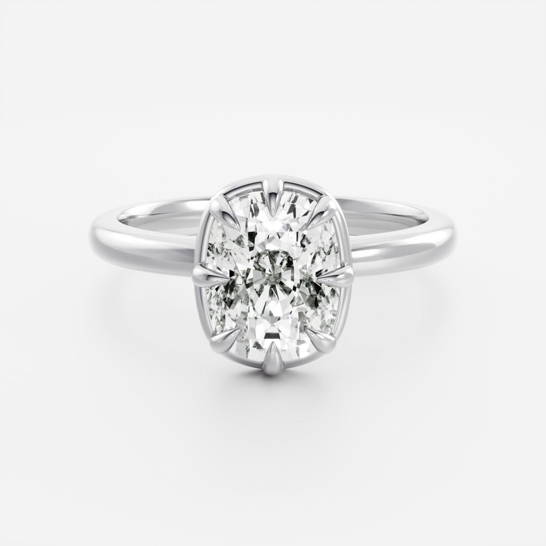 Solitaire Unique Bezel- 2.0 CT Elongated Cushion Moissanite Engagement RingSolitaire Unique Bezel- 2.0 CT Elongated Cushion Moissanite Engagement Ring - On model