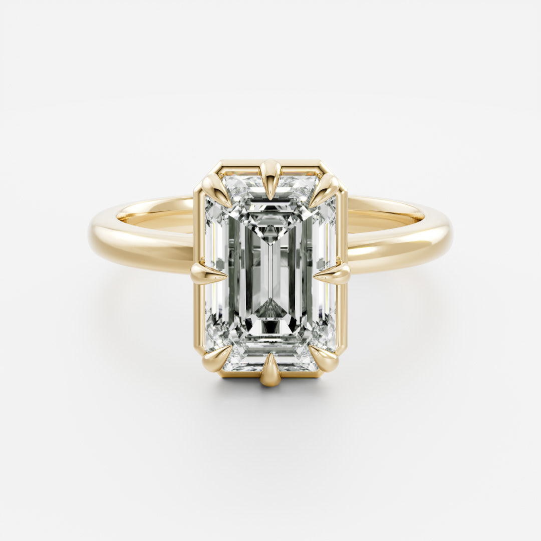 Solitaire Unique Bezel- 3.1 CT Emerald Moissanite Engagement RingSolitaire Unique Bezel- 3.1 CT Emerald Moissanite Engagement Ring - Front view