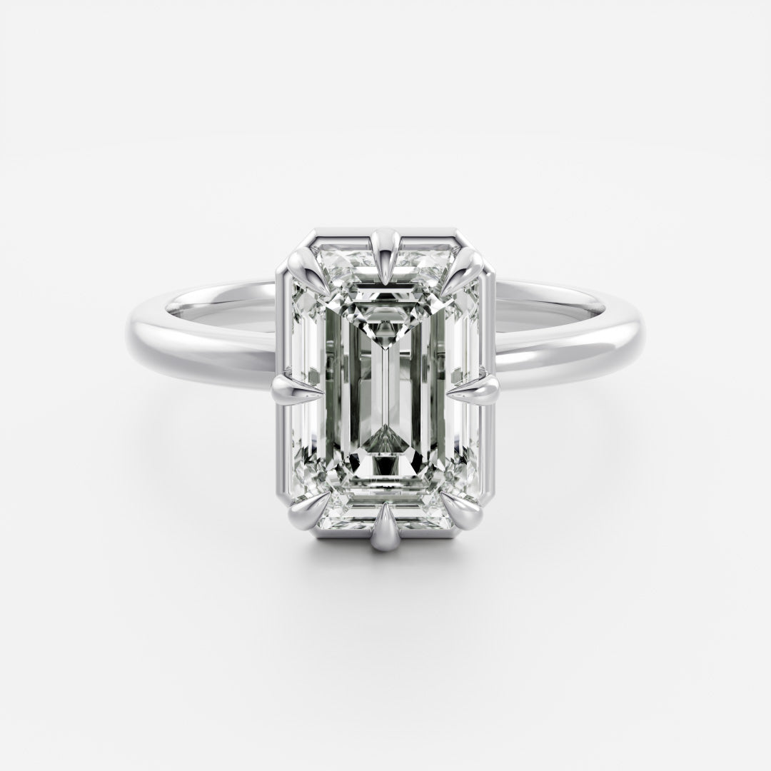 Solitaire Unique Bezel- 3.1 CT Emerald Moissanite Engagement RingSolitaire Unique Bezel- 3.1 CT Emerald Moissanite Engagement Ring - Detail view