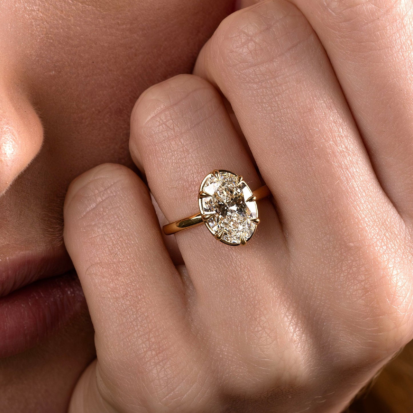 Solitaire Unique Bezel- 3.3 CT Oval Moissanite Engagement RingSolitaire Unique Bezel- 3.3 CT Oval Moissanite Engagement Ring - Side view