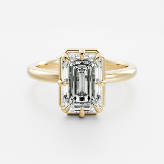 Solitaire Unique Bezel-Emerald Lab Grown Diamond Engagement Ring - Front view