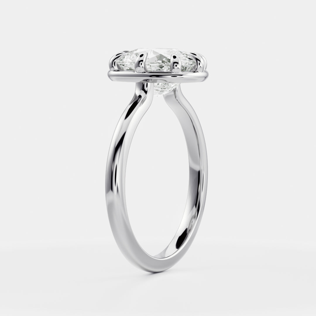Solitaire Unique Bezel Low Profile-Elongated Cushion Lab Grown Diamond Engagement Ring - On model
