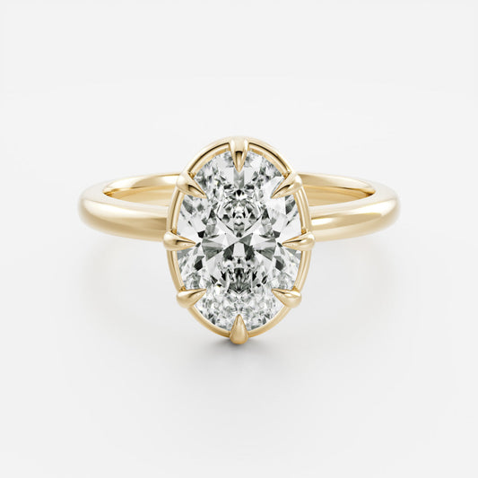 Solitaire Unique Bezel Low Profile-Oval Lab Grown Diamond Engagement Ring - Front view