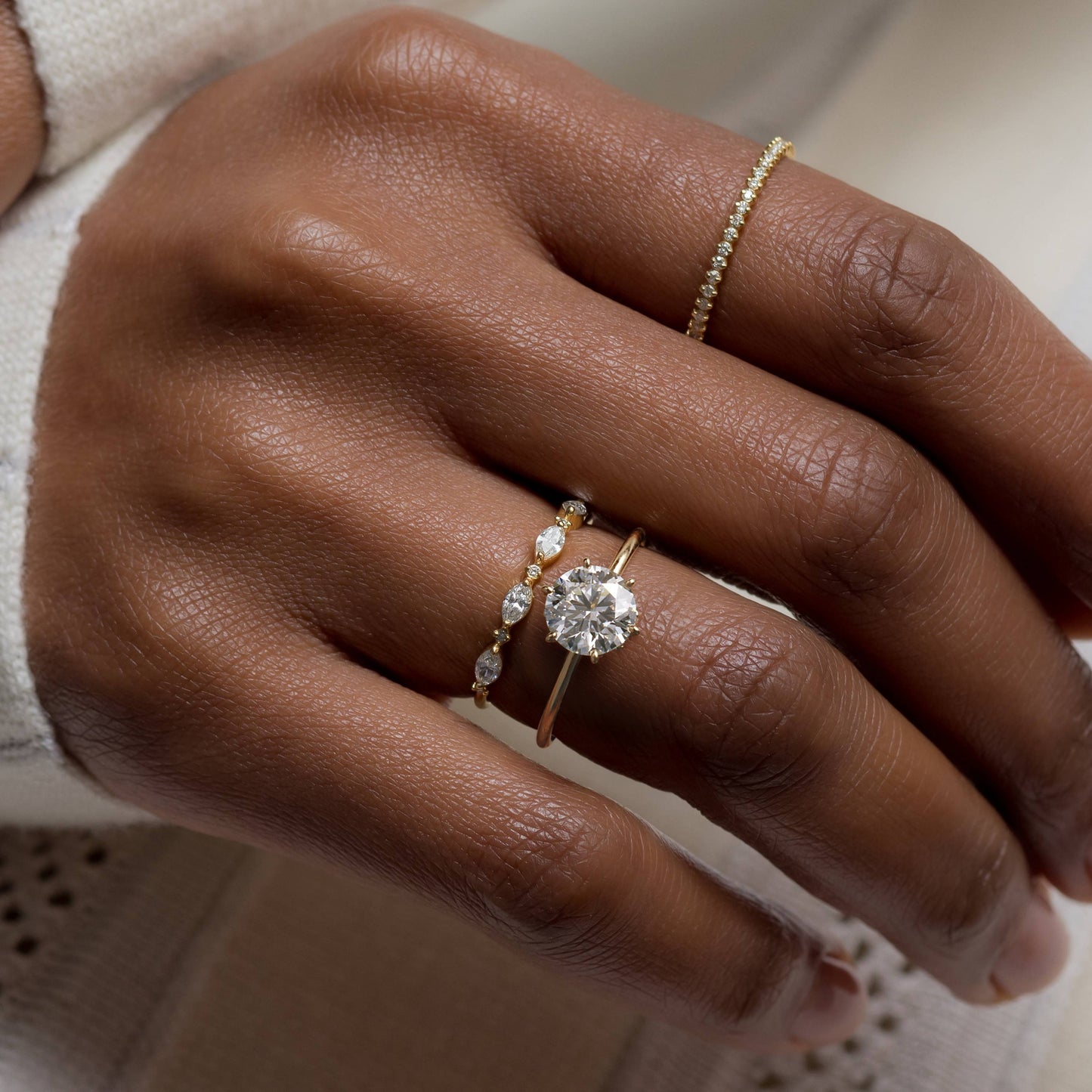 Solitaire with Hidden Stones-Round Lab Grown Diamond Engagement Ring - On model