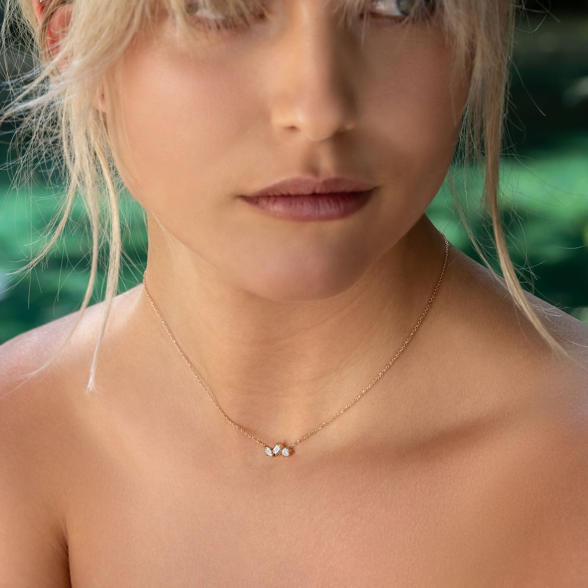Three Stone- 0.5 CT Emerald, Marquise & Round Lab Grown Diamond NecklaceThree Stone- 0.5 CT Emerald, Marquise & Round Lab Grown Diamond Necklace - Detail view