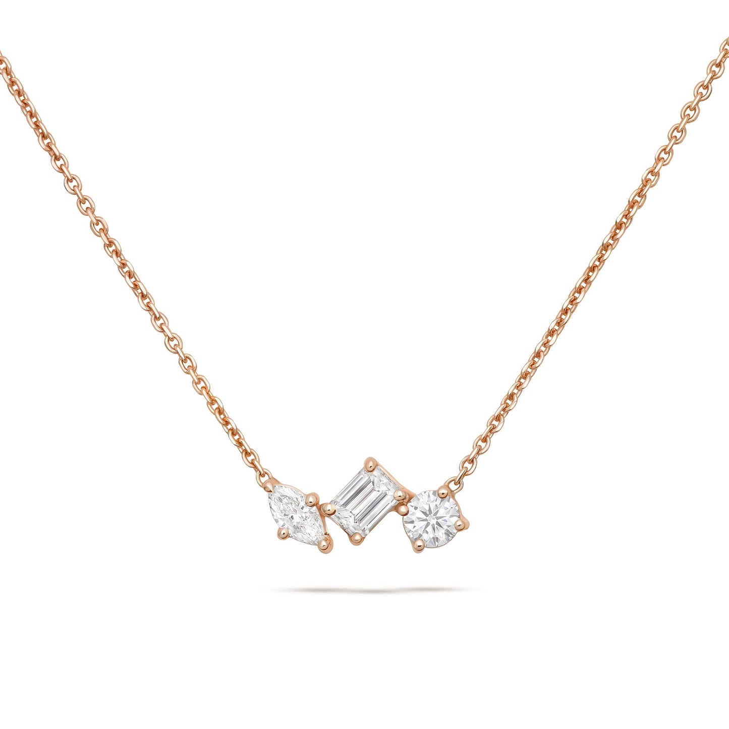 Three Stone- 0.5 CT Emerald, Marquise & Round Lab Grown Diamond NecklaceThree Stone- 0.5 CT Emerald, Marquise & Round Lab Grown Diamond Necklace - On model