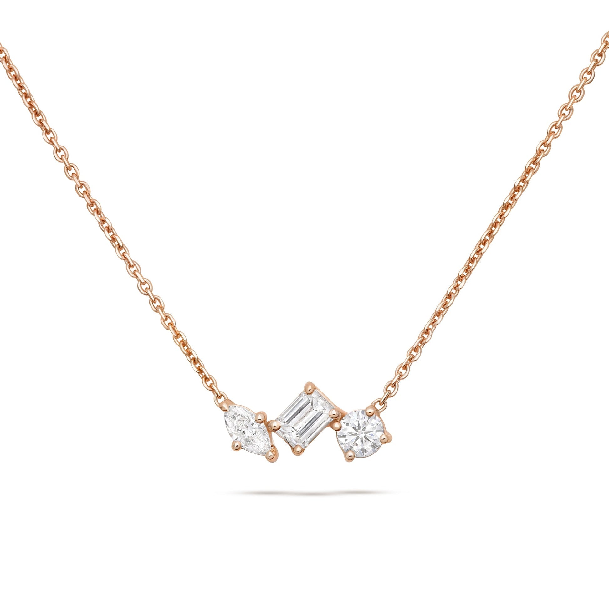 Three Stone- 0.5 CT Emerald, Marquise & Round Lab Grown Diamond NecklaceThree Stone- 0.5 CT Emerald, Marquise & Round Lab Grown Diamond Necklace - On model