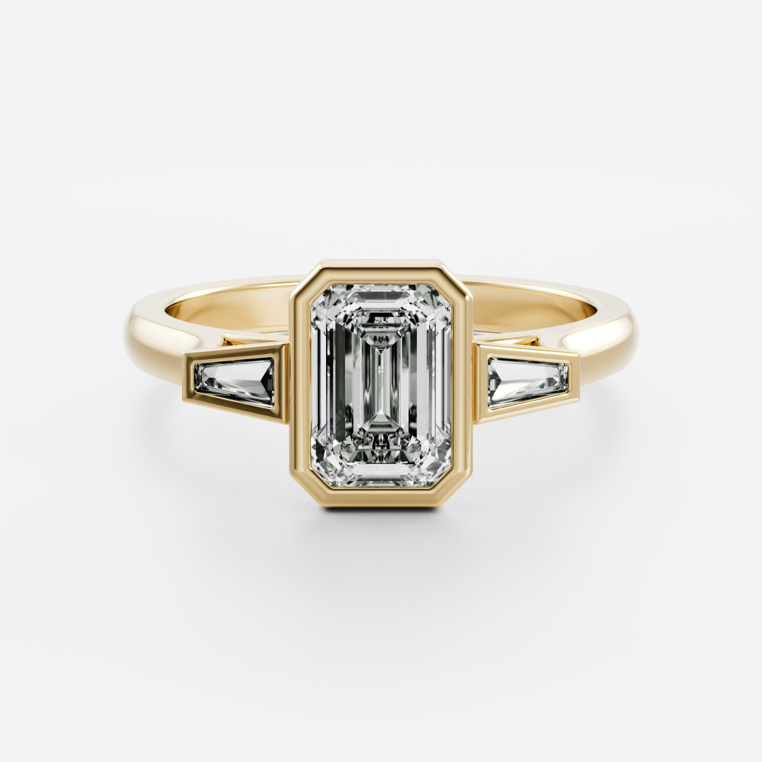 Three Stone Bezel Cathedral- 1.5 CT Emerald Moissanite Engagement RingThree Stone Bezel Cathedral- 1.5 CT Emerald Moissanite Engagement Ring - Front view