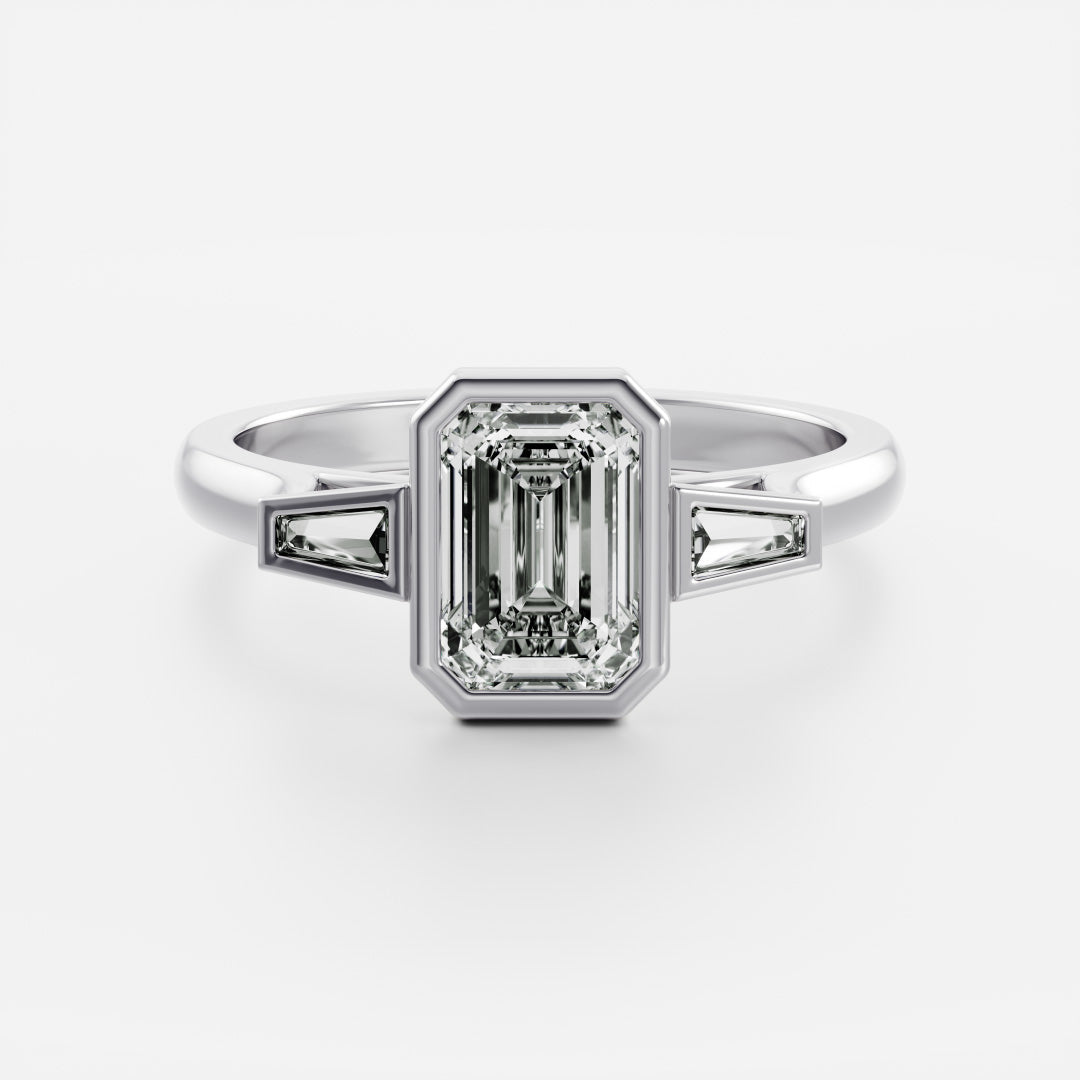 Three Stone Bezel Cathedral- 1.5 CT Emerald Moissanite Engagement RingThree Stone Bezel Cathedral- 1.5 CT Emerald Moissanite Engagement Ring - Detail view