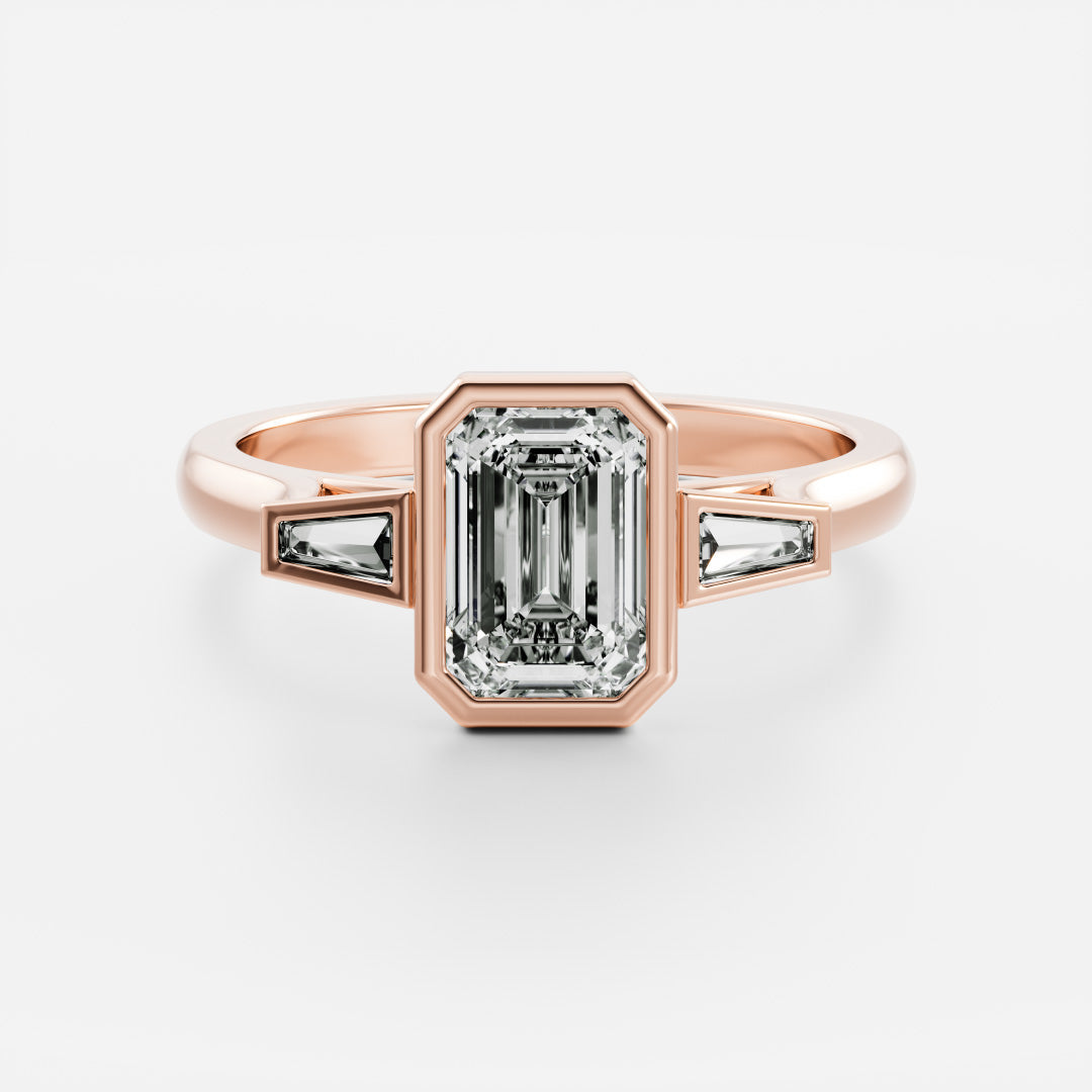 Three Stone Bezel Cathedral- 1.5 CT Emerald Moissanite Engagement RingThree Stone Bezel Cathedral- 1.5 CT Emerald Moissanite Engagement Ring - Lifestyle