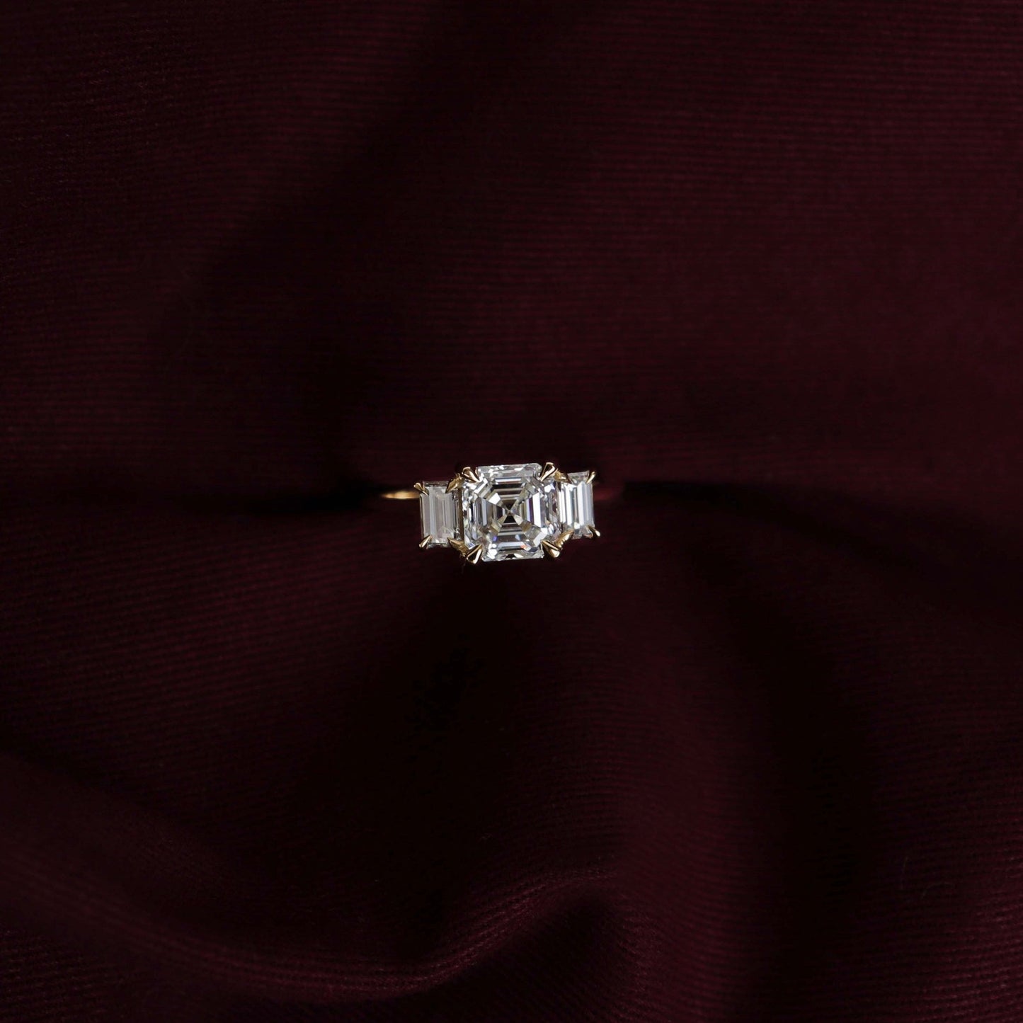 Three Stone Cathedral- 1.15 CT Asscher Moissanite Engagement RingThree Stone Cathedral- 1.15 CT Asscher Moissanite Engagement Ring - Side view