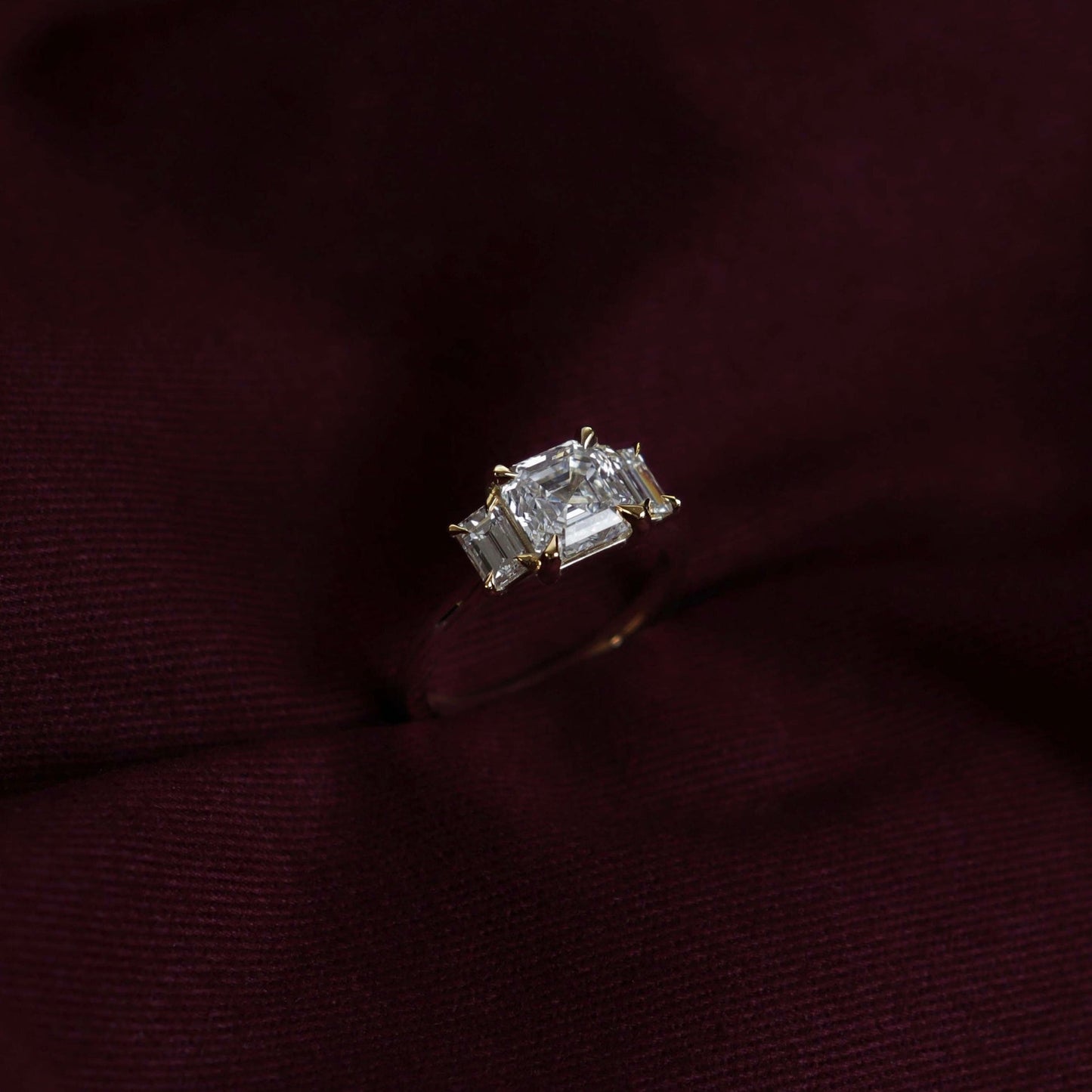 Three Stone Cathedral- 1.15 CT Asscher Moissanite Engagement RingThree Stone Cathedral- 1.15 CT Asscher Moissanite Engagement Ring - Back view