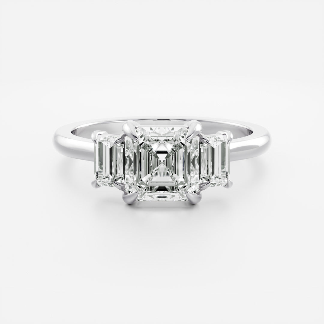 Three Stone Cathedral- 1.15 CT Asscher Moissanite Engagement RingThree Stone Cathedral- 1.15 CT Asscher Moissanite Engagement Ring - On model