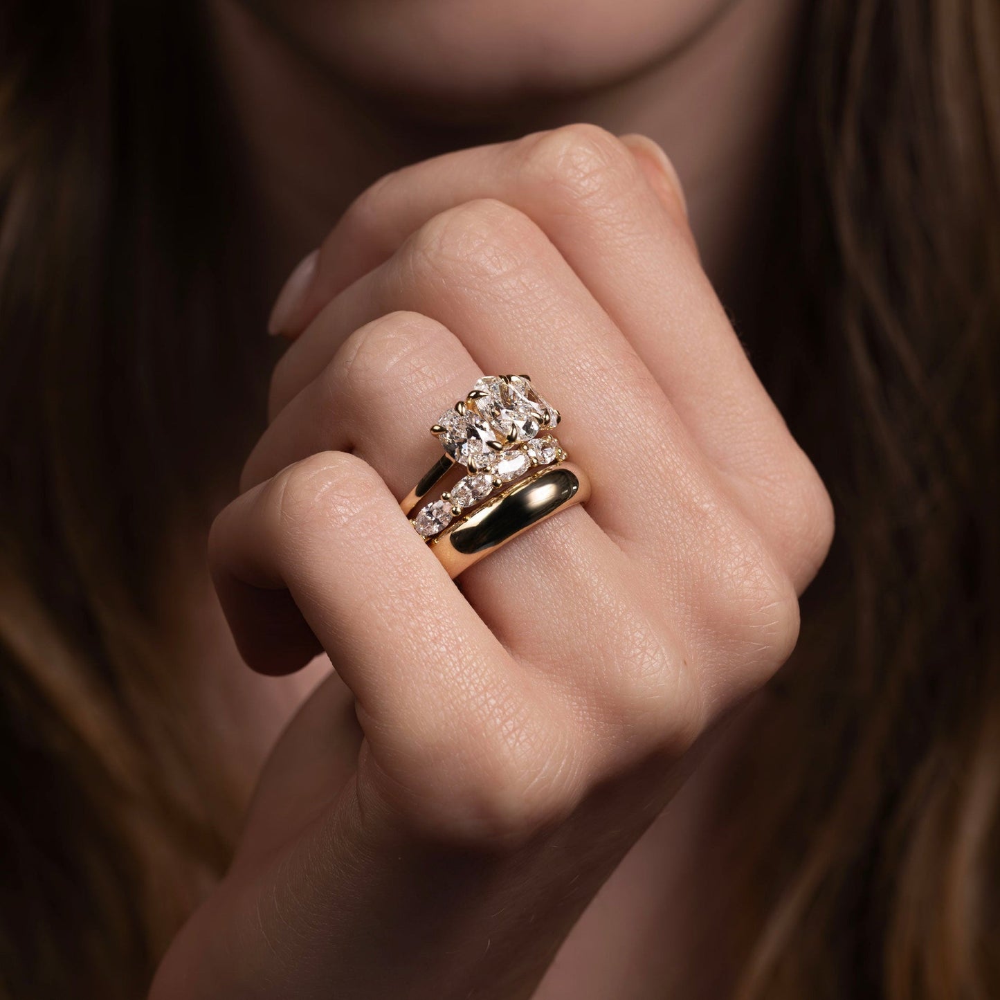 Three Stone Cathedral- 1.5 CT Oval Moissanite Engagement RingThree Stone Cathedral- 1.5 CT Oval Moissanite Engagement Ring - Side view