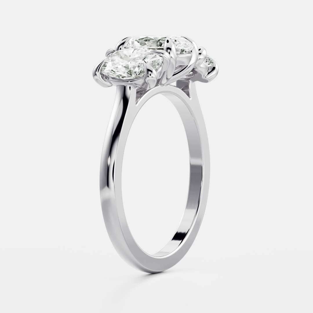 Three Stone Cathedral- 1.5 CT Oval Moissanite Engagement RingThree Stone Cathedral- 1.5 CT Oval Moissanite Engagement Ring - On model