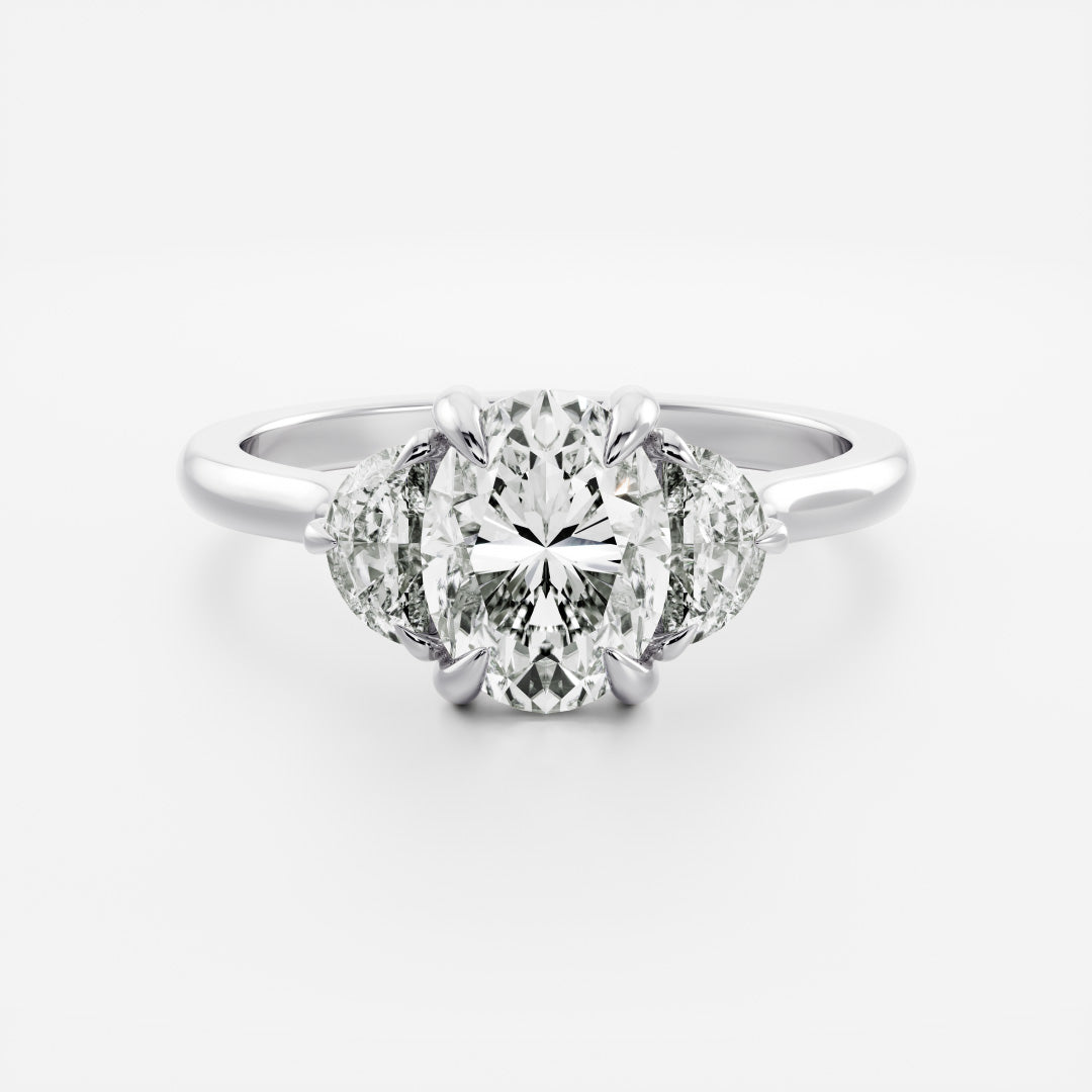Three Stone Cathedral- 1.7 CT Oval Moissanite Engagement RingThree Stone Cathedral- 1.7 CT Oval Moissanite Engagement Ring - Detail view
