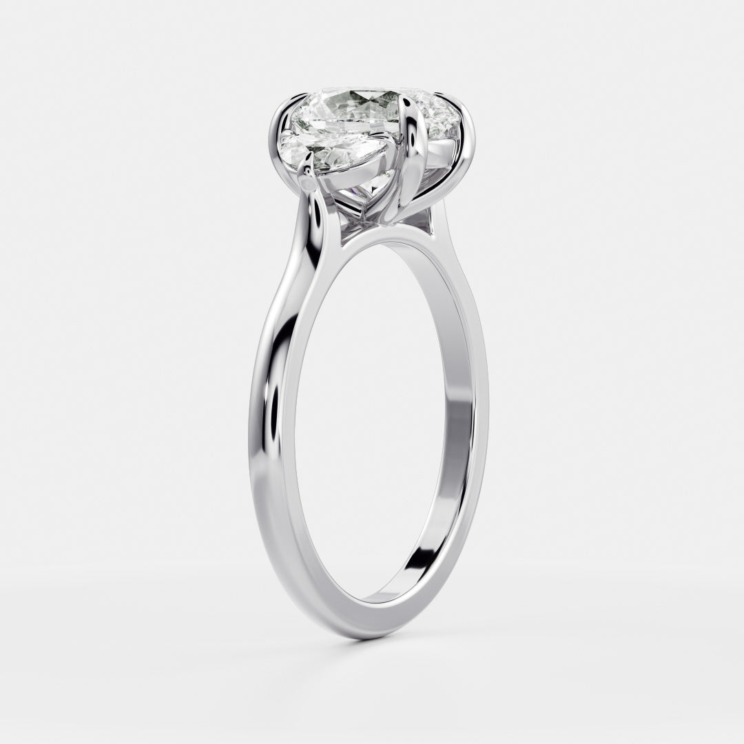 Three Stone Cathedral- 1.7 CT Oval Moissanite Engagement RingThree Stone Cathedral- 1.7 CT Oval Moissanite Engagement Ring - On model