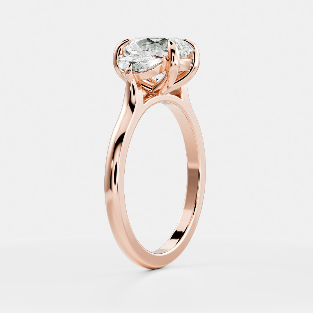 Three Stone Cathedral- 1.7 CT Oval Moissanite Engagement RingThree Stone Cathedral- 1.7 CT Oval Moissanite Engagement Ring - Side view