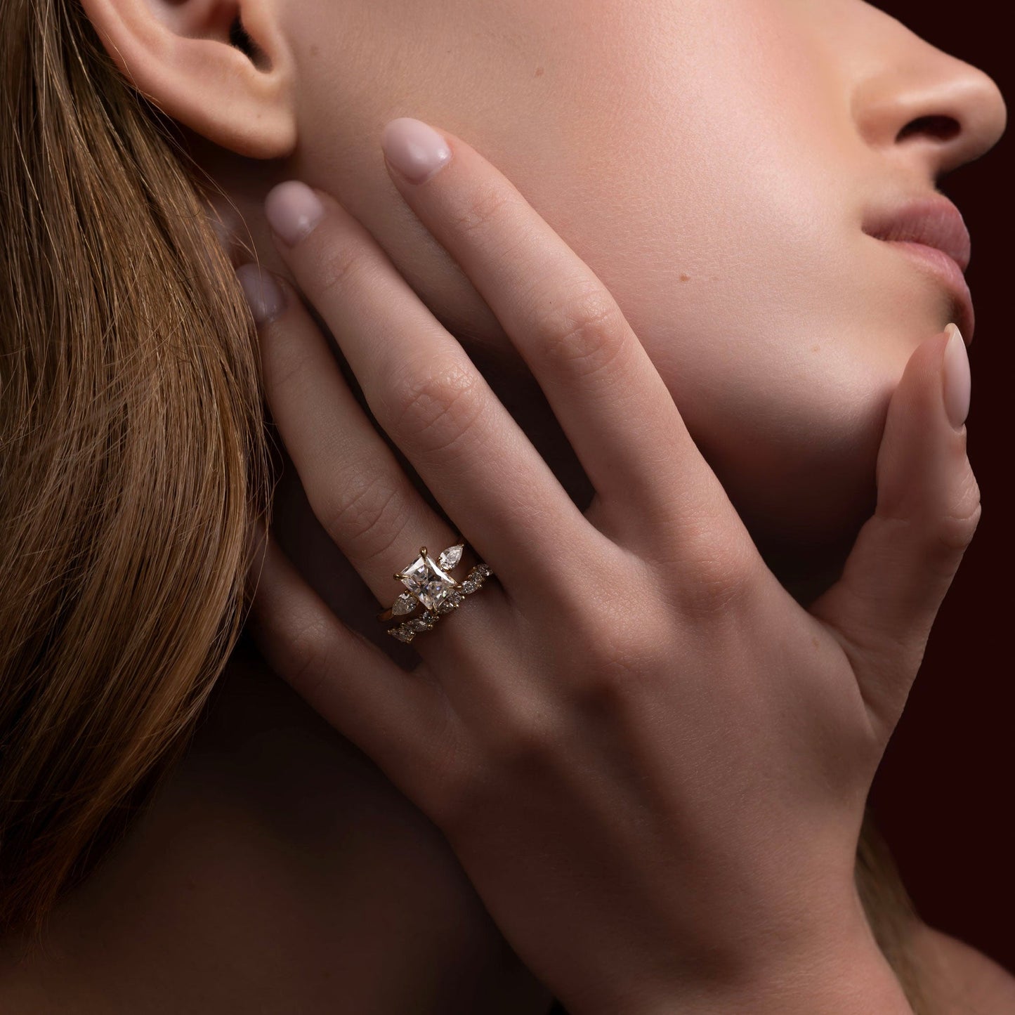 Three Stone Cathedral- 2.2 CT Radiant Moissanite Engagement RingThree Stone Cathedral- 2.2 CT Radiant Moissanite Engagement Ring - Side view