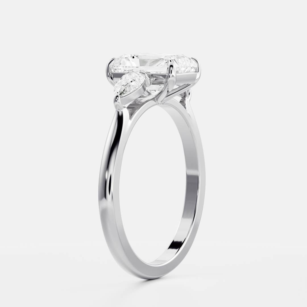 Three Stone Cathedral- 2.2 CT Radiant Moissanite Engagement RingThree Stone Cathedral- 2.2 CT Radiant Moissanite Engagement Ring - Detail view