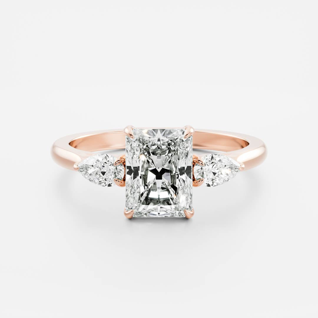 Three Stone Cathedral- 2.2 CT Radiant Moissanite Engagement RingThree Stone Cathedral- 2.2 CT Radiant Moissanite Engagement Ring - On model