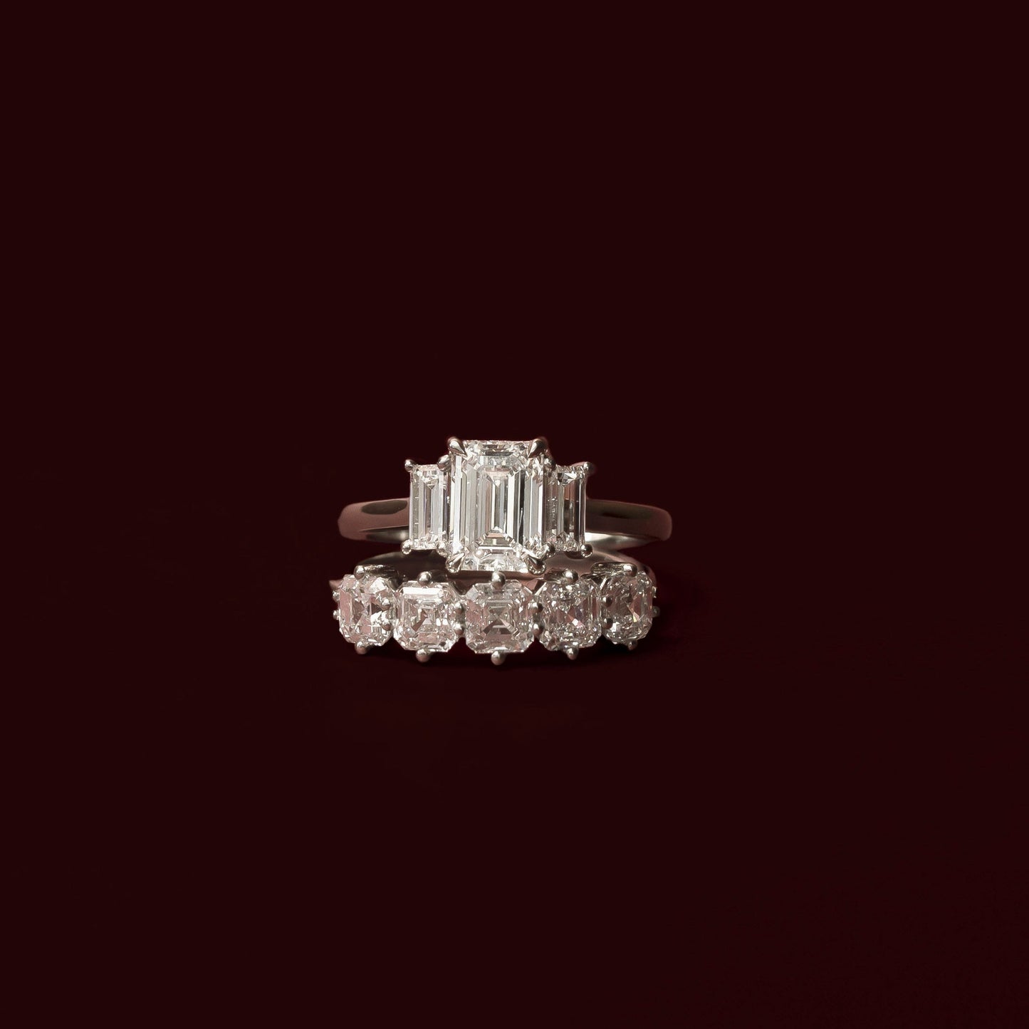 Three Stone Cathedral- 2.23 CT Emerald Moissanite Engagement RingThree Stone Cathedral- 2.23 CT Emerald Moissanite Engagement Ring - Back view