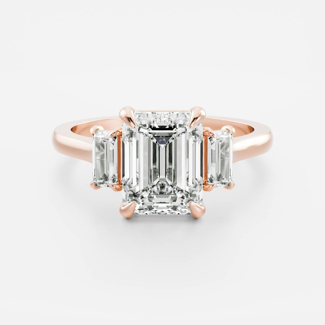 Three Stone Cathedral- 2.23 CT Emerald Moissanite Engagement RingThree Stone Cathedral- 2.23 CT Emerald Moissanite Engagement Ring - Detail view