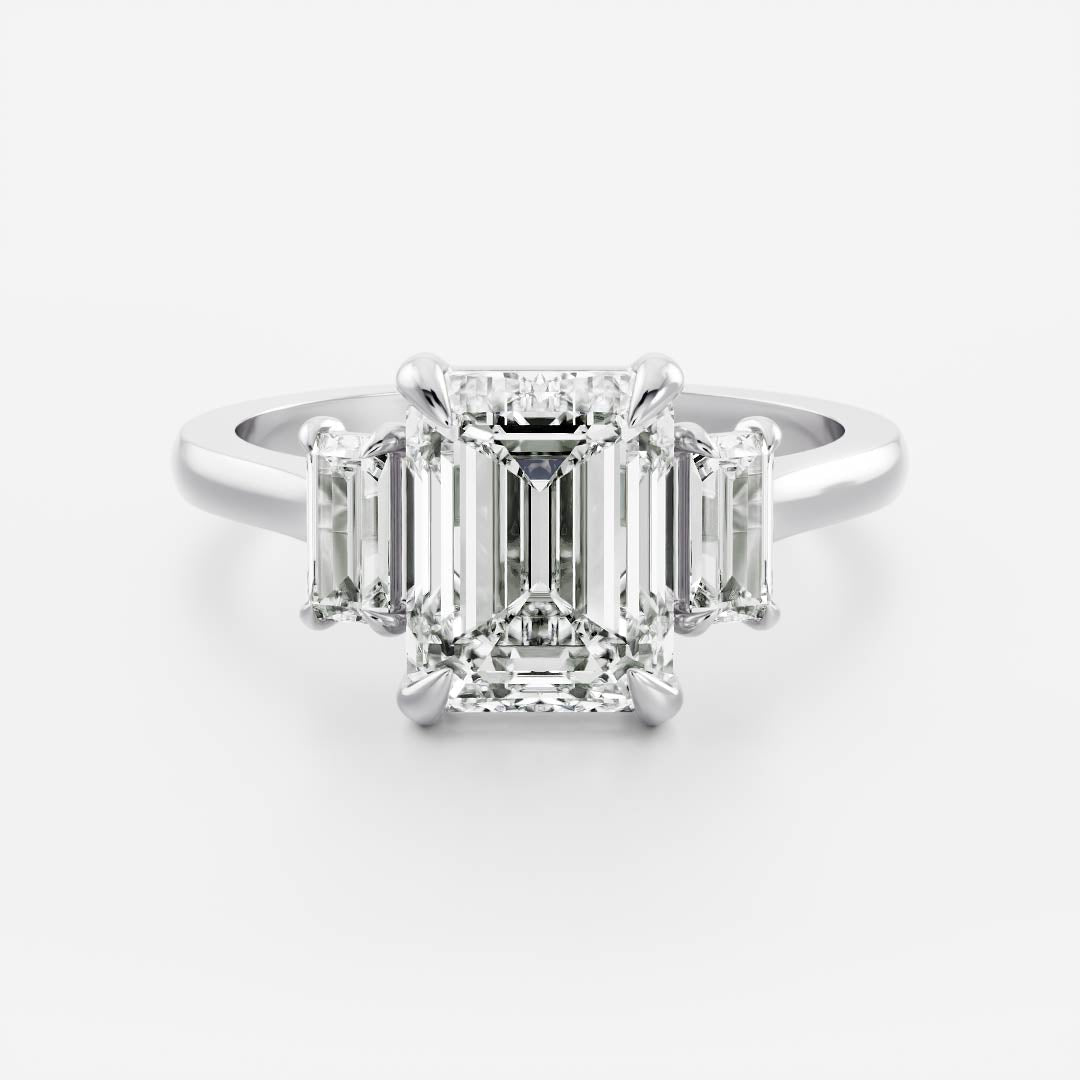 Three Stone Cathedral- 2.23 CT Emerald Moissanite Engagement RingThree Stone Cathedral- 2.23 CT Emerald Moissanite Engagement Ring - Lifestyle