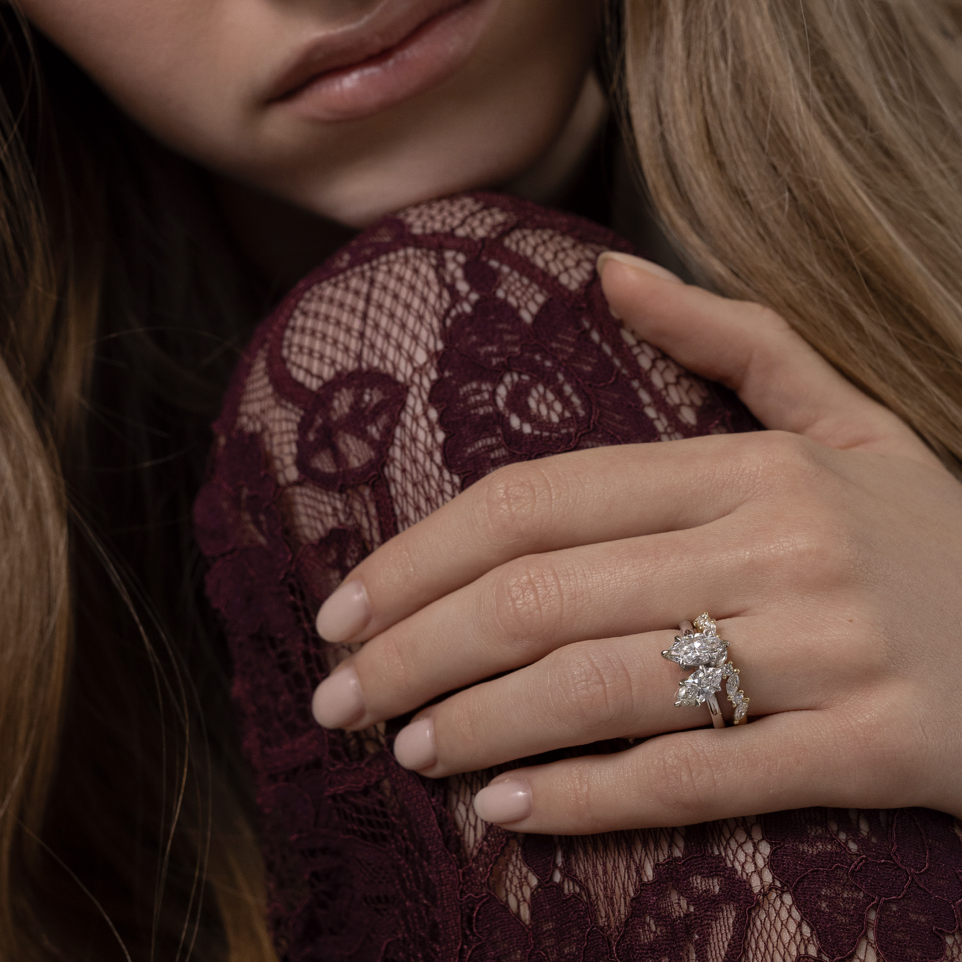 Toi Et Moi- 1.1 CT Marquise & 0.75 CT Marquise Moissanite Engagement RingToi Et Moi- 1.1 CT Marquise & 0.75 CT Marquise Moissanite Engagement Ring - Lifestyle