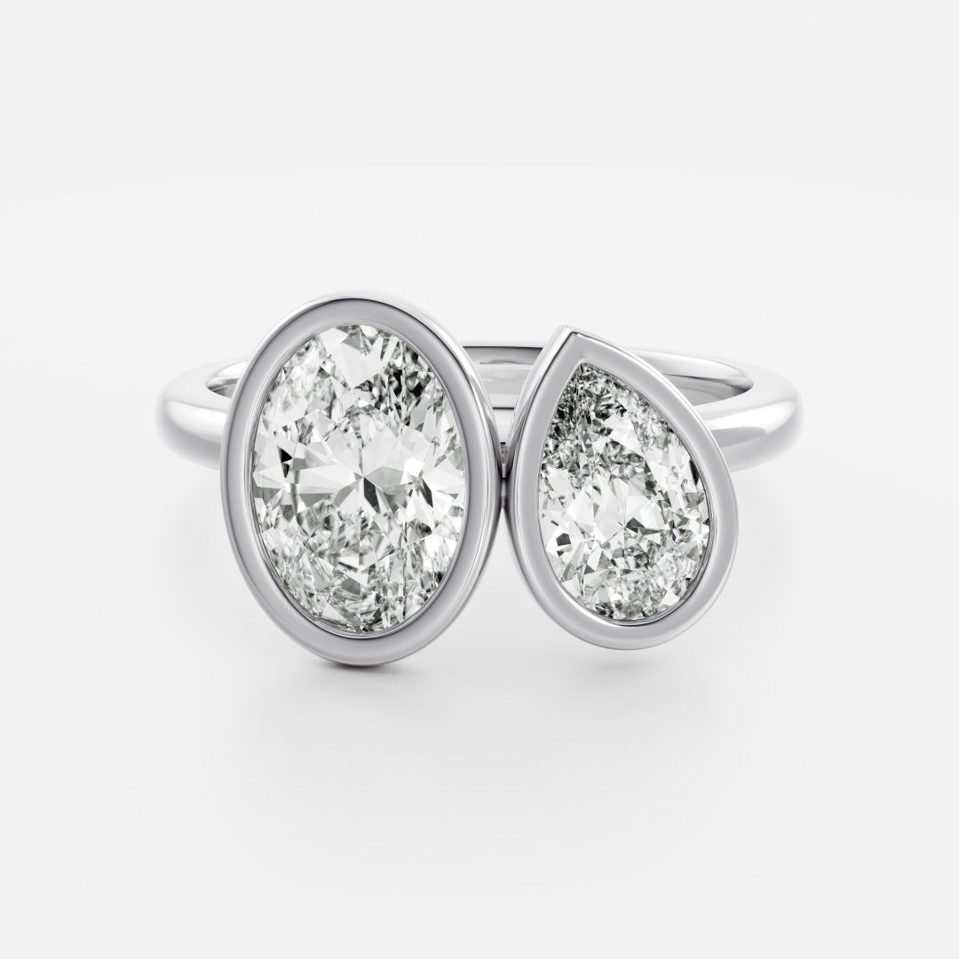 Toi Et Moi Bezel- 1.5 CT Oval & 0.85 CT Pear Moissanite Engagement RingToi Et Moi Bezel- 1.5 CT Oval & 0.85 CT Pear Moissanite Engagement Ring - Detail view