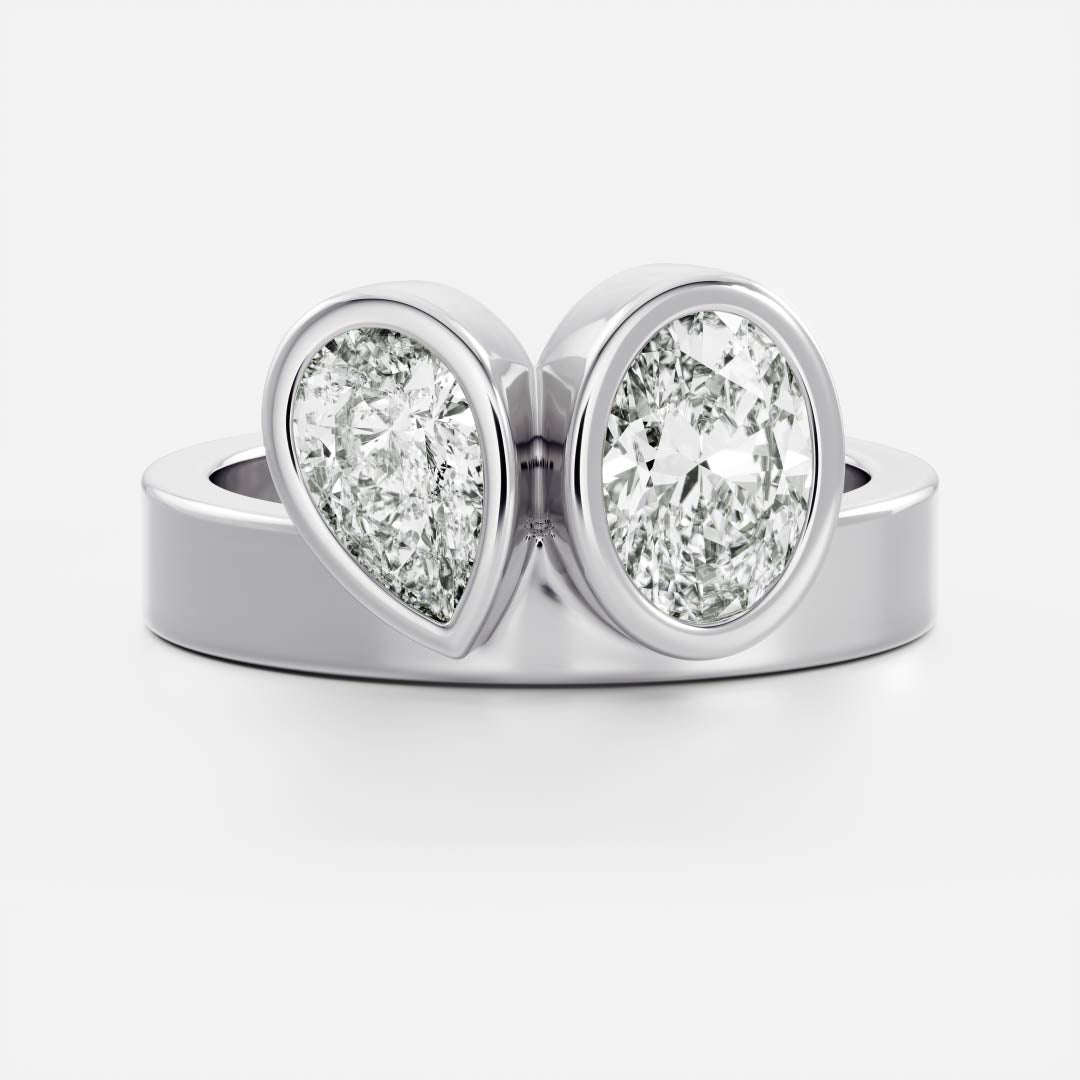 Toi Et Moi Bezel Cigar Band- 1.33 CT Pear & 1.5 CT Oval Moissanite Engagement RingToi Et Moi Bezel Cigar Band- 1.33 CT Pear & 1.5 CT Oval Moissanite Engagement Ring - Back view