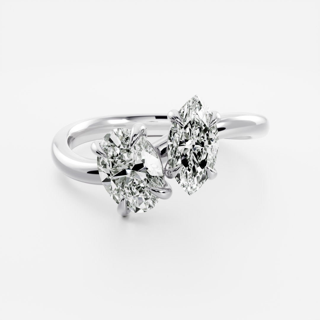 Toi Et Moi Curved- 1.55 CT Oval & 1.0 CT Marquise Moissanite Engagement RingToi Et Moi Curved- 1.55 CT Oval & 1.0 CT Marquise Moissanite Engagement Ring - On model