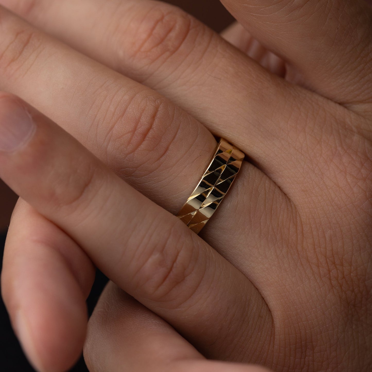 Woven Pattern- Men's Wedding BandWoven Pattern- Men's Wedding Band - On model
